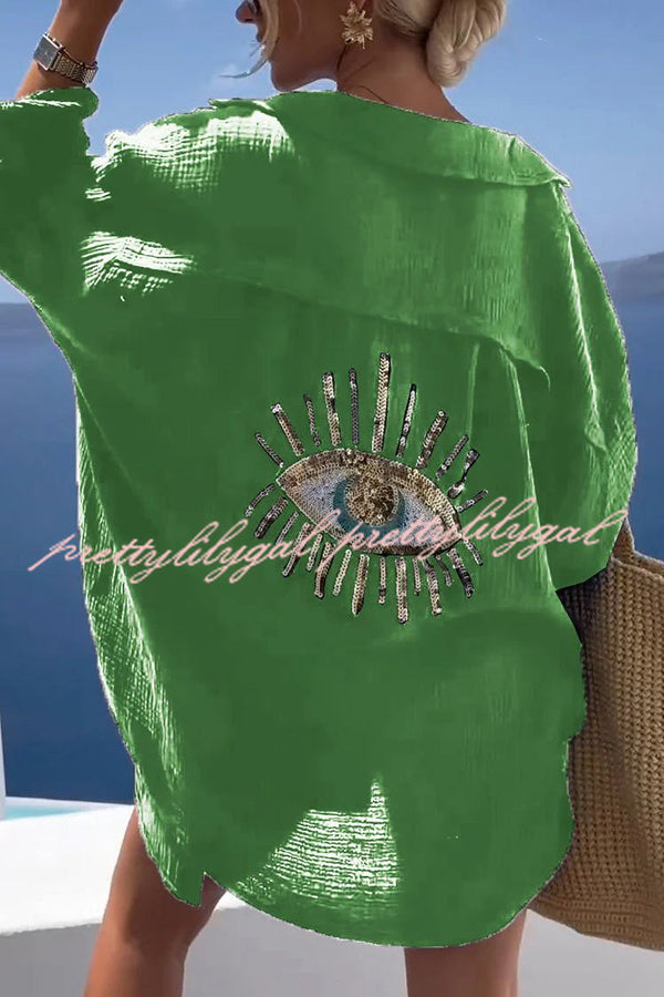 Summer Breeze Linen Blend Sequin Magic Eye Design Oversized Relax Shirt for Women | Boho Chic Beach Cover Up | Casual Loose Fit Blouse for Vacation, Party & Date Night