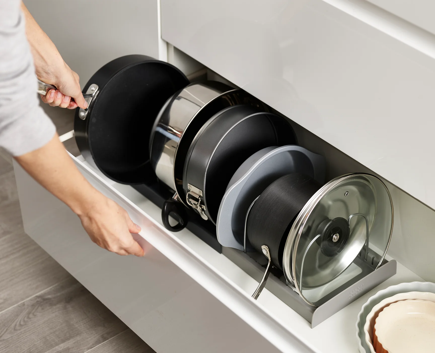 Expandable Cookware Organizer - Space Saving Kitchen Cabinet & Drawer Storage Solution for Pots, Pans & Lids - Perfect for Small Kitchens & RV Cooking