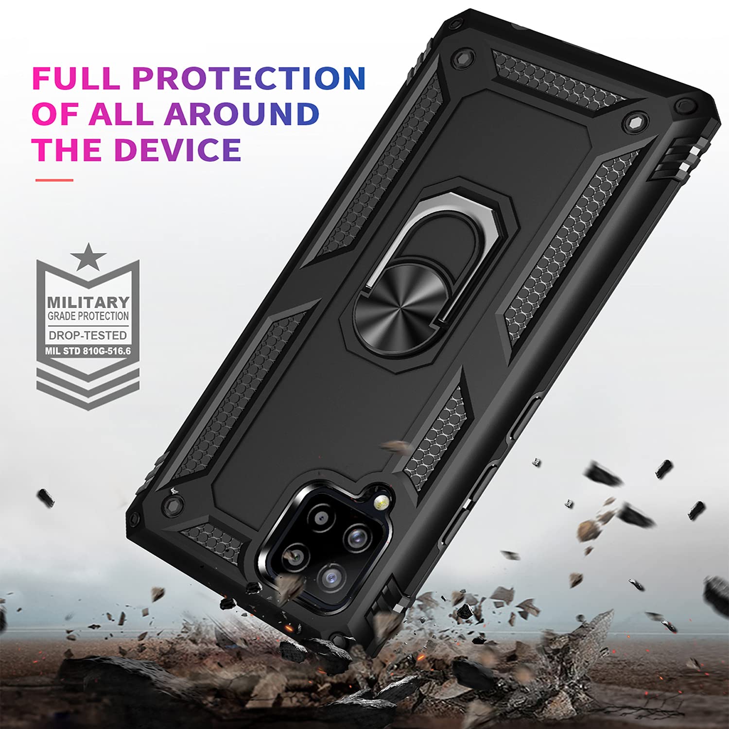 Nakedcellphone Bandit Series Samsung Galaxy A42 5G Case [Black] - Flexible TPU Anti-Shock Phone Cover with Finger Grip, Viewing Stand & Metal Mounting Plate for Daily Use, Travel, and Outdoor Activities