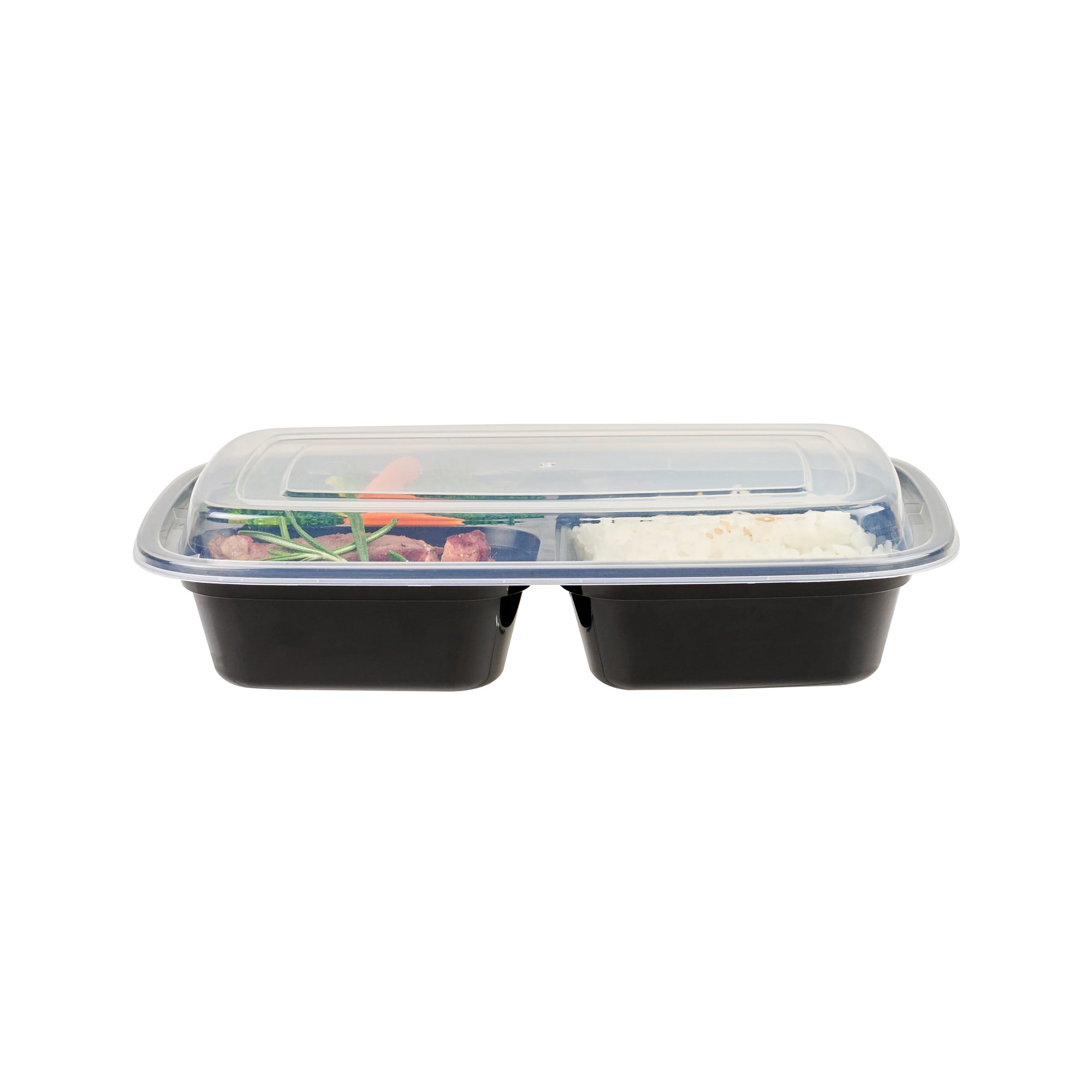 26 oz Black 3-Compartment Plastic Food Storage Containers with Clear Lids - Microwave Safe, 8.75