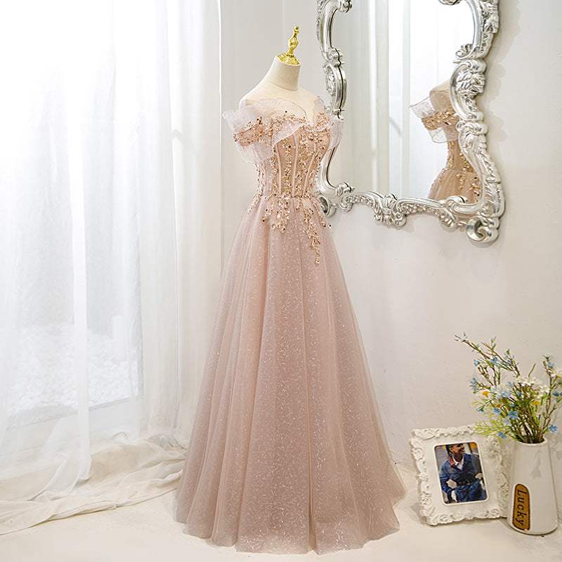 Elegant Off Shoulder Pink Tulle Prom Dress with Sequins - Long Formal Evening Gown for Homecoming, Quinceañera & Special Occasions | Perfect for Prom Night, Wedding Guest & Black Tie Events
