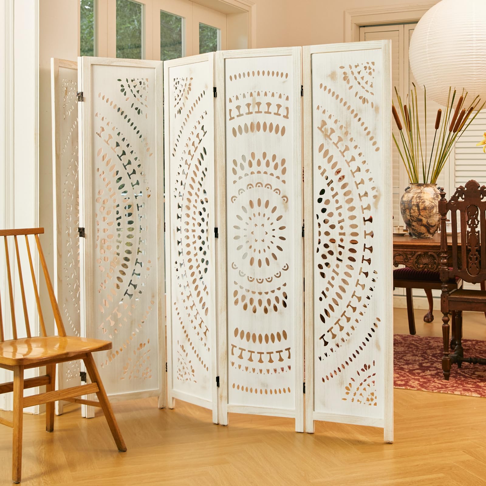 Handcrafted Wooden Room Divider - 6 Panel Folding Partition Screen with Bohemian Carvings, Antique White Finish for Home, Office & Outdoor Spaces | Perfect for Privacy, Room Separation & Decoration in Living Rooms, Bedrooms, Gardens & Terraces