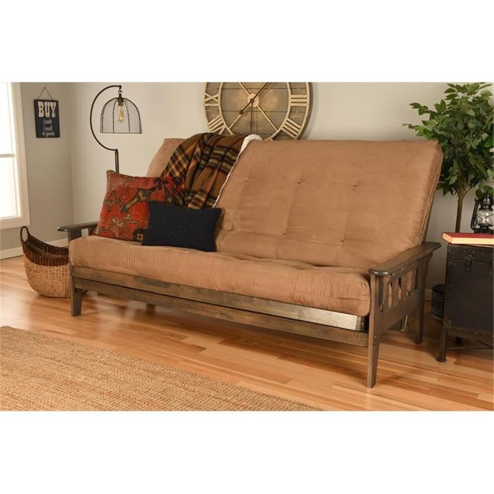 Kodiak Tucson Queen Size Futon Frame & Mattress Set - Solid Wood Futon with Comfortable Peat Fabric Mattress (Tan/Walnut) | Perfect for Small Spaces, Guest Rooms & Apartments | Convertible Sofa to Bed for Living Room, Dorm & Office