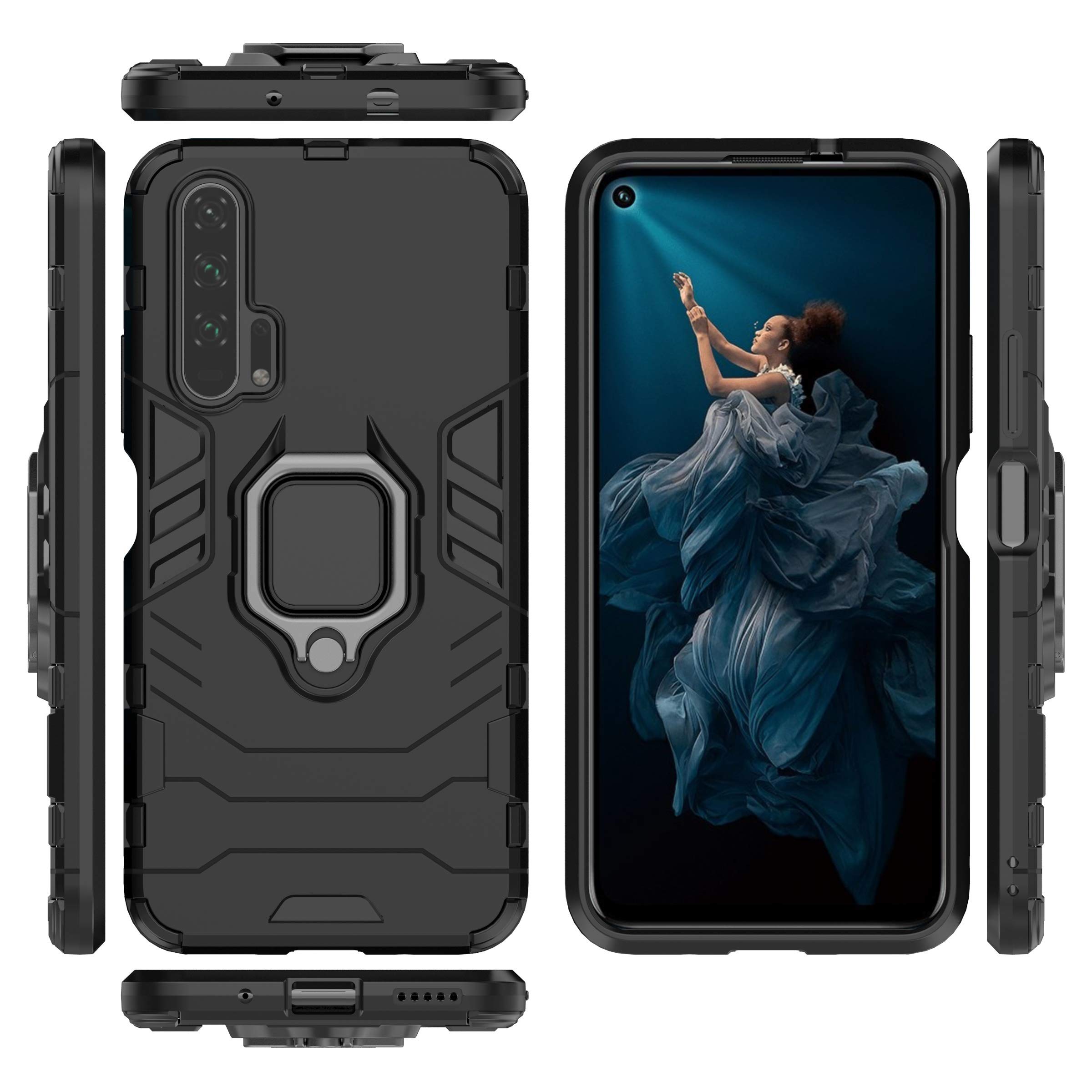 SORAKA Honor 20 Pro Case with Ring Holder & Metal Plate - Slim Soft TPU Phone Cover for Magnetic Car Mount - Black - Perfect for Driving, Work & Daily Protection