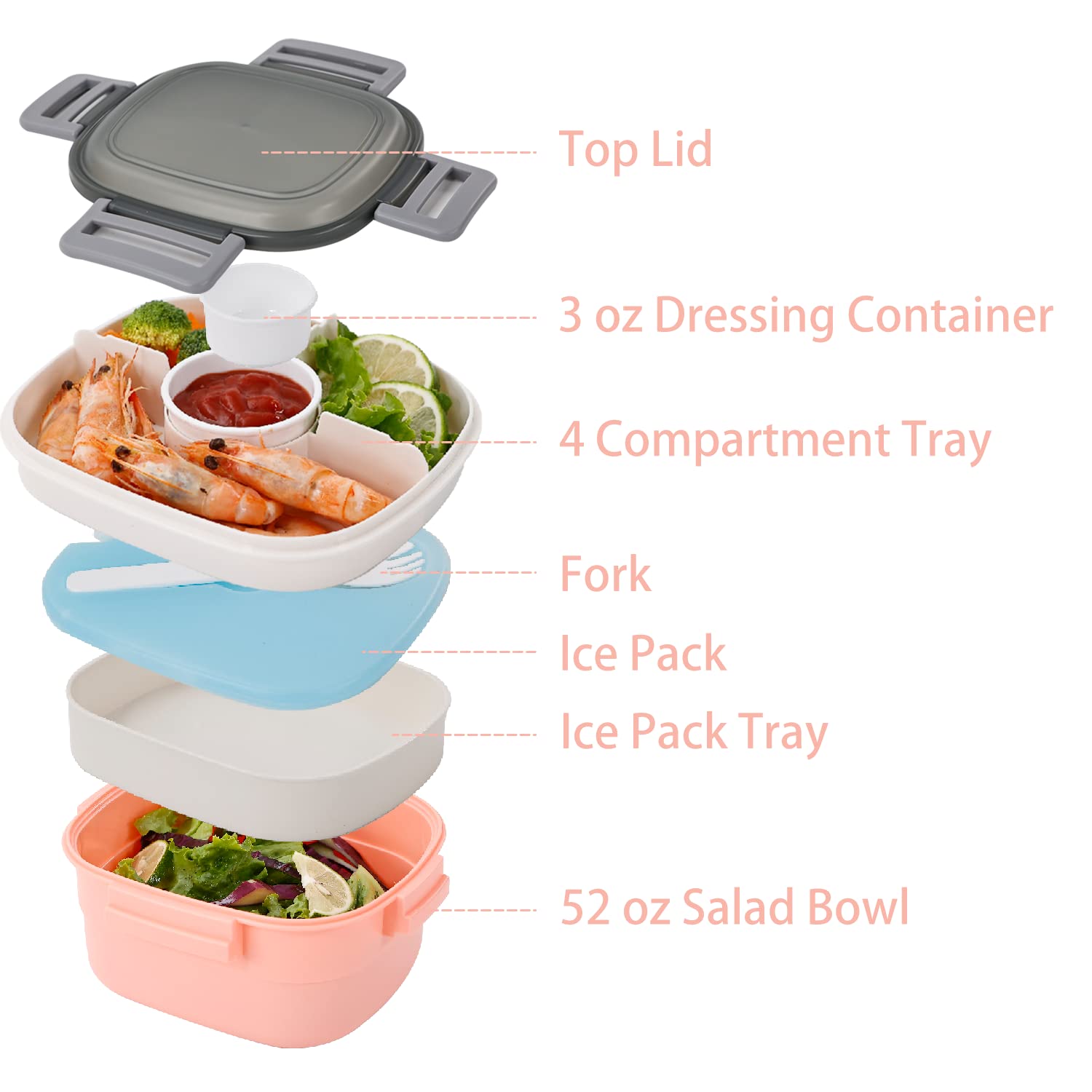Freshmage 52-oz Leakproof BPA-Free Salad Container with Ice Pack - 4 Compartment Lunch Box for Men & Women - Perfect for Office, School, Picnics & Meal Prep (Pink)