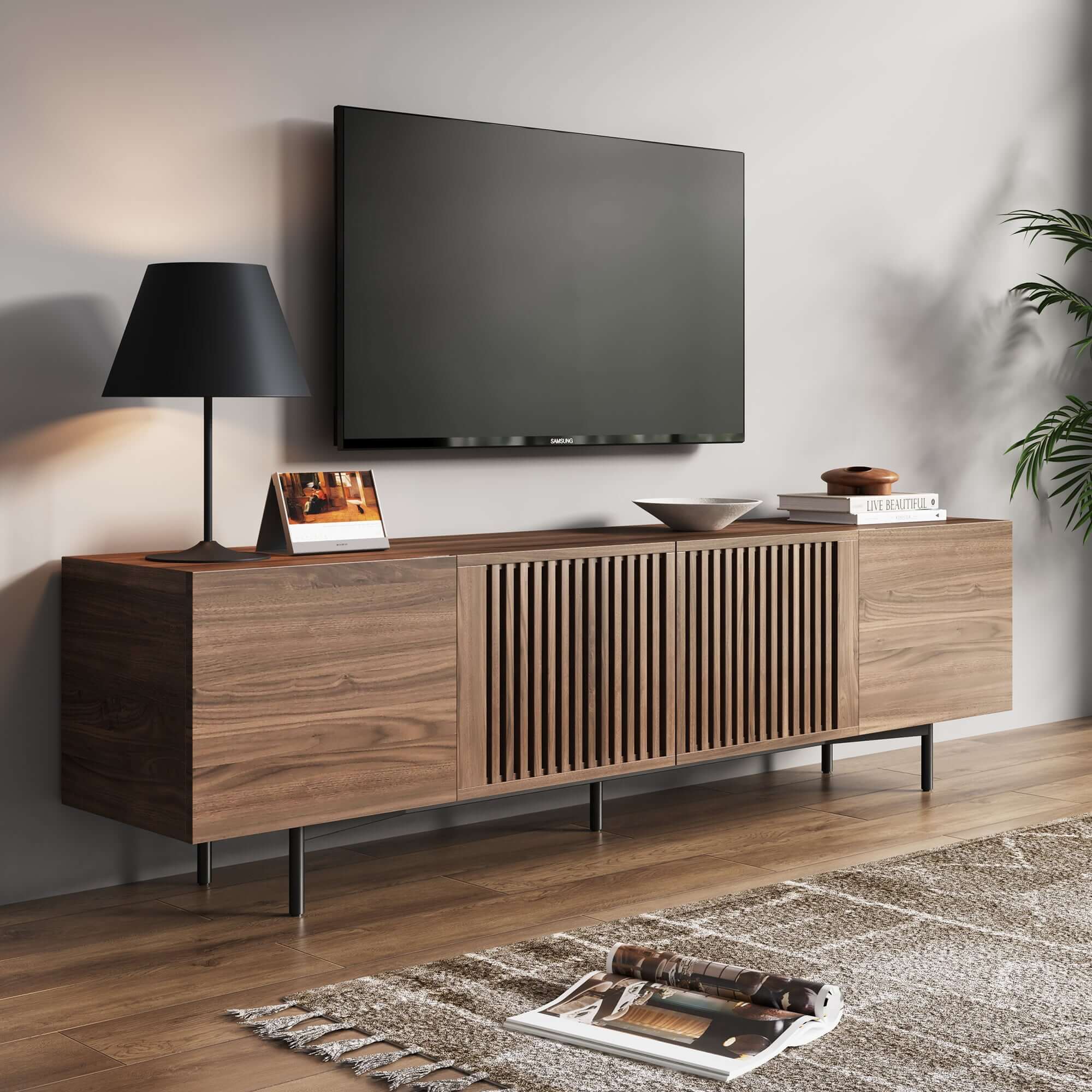 Minimalist TV Stand with Slatted Design - 4 Door Storage Media Console for Living Room, Bedroom & Home Theater