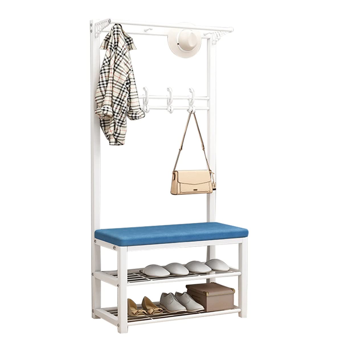 Mixfom 3-in-1 Entryway Hall Tree with Storage Shelves, Coat Rack with Hooks & Shoe Bench - Sturdy & Easy Assembly (Blue, 80x33x170cm) - Perfect for Hallway Organization, Small Space Entryway Storage & Shoe Storage Solutions