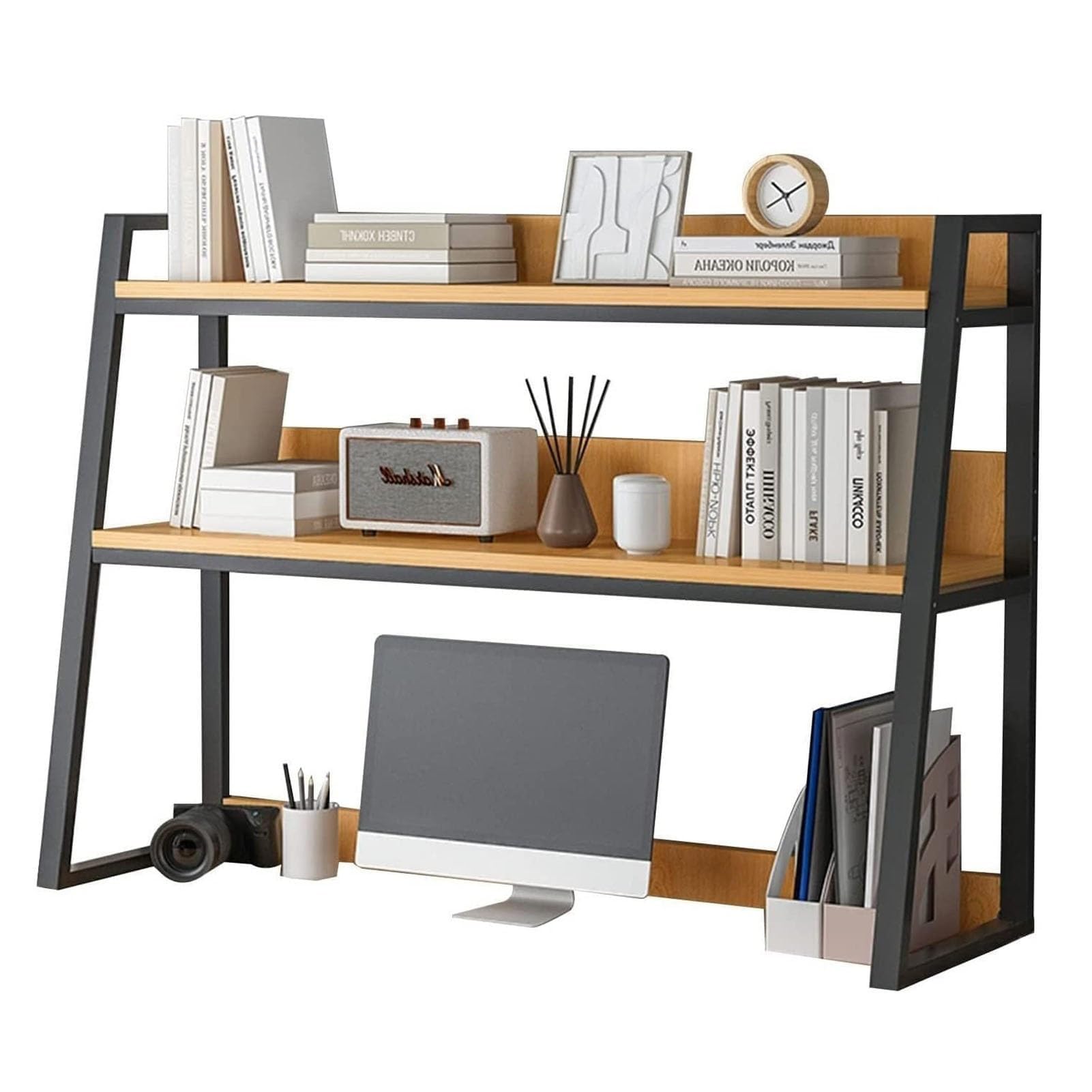 2 Tier Desktop Bookshelf - Black Steel Frame Ladder Bookcase for Office Desk, Countertop Storage Organizer & Book Display Rack | Perfect for Home Office, Study Room, and Small Space Organization (11 Inch)