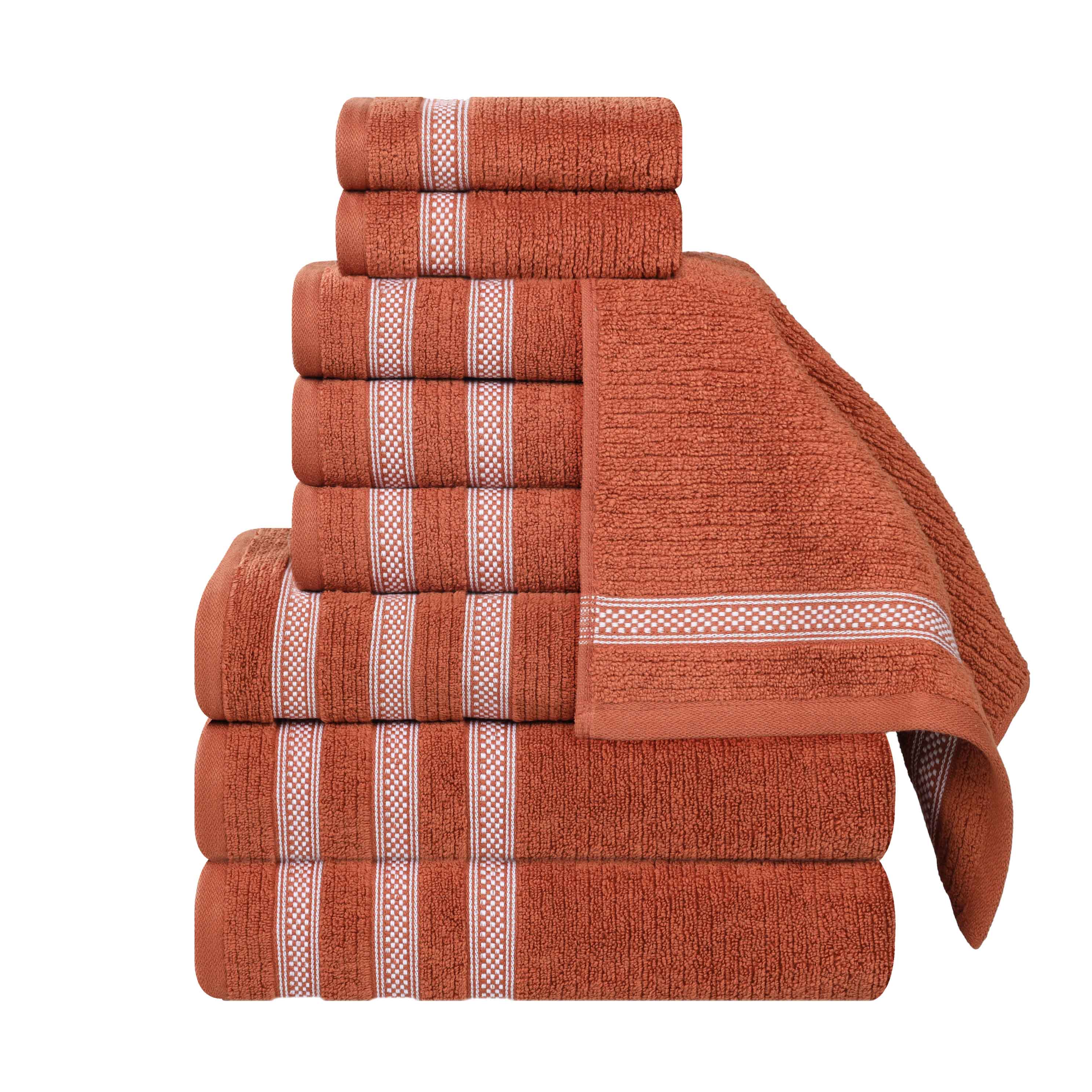 Premium 9-Piece Zero Twist Cotton Ribbed Towel Set with Geometric Border - Ultra Soft & Absorbent Bath, Beach & Spa Towels for Luxury Home & Hotel Use