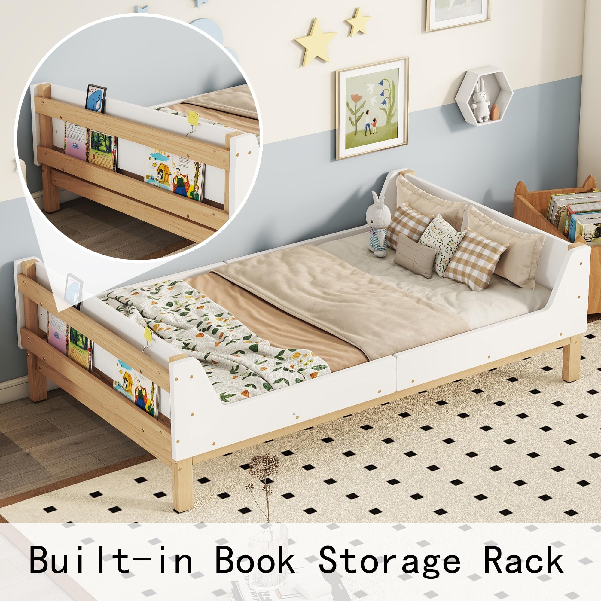 **Twin Size Wooden Bed Frame with Headboard & Footboard - Sturdy Platform Bed with Built-in Book Storage Shelf, No Box Spring Needed, Quiet & Durable - Perfect for Kids' Bedroom, Dorm, or Guest Room (White)**