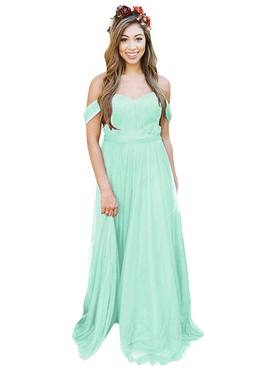 Elegant Off Shoulder Long Bridesmaid Dress - Sweetheart Neckline Tulle Wedding Party Gown for Prom & Formal Events | Perfect for Bridesmaids, Evening Galas & Special Occasions