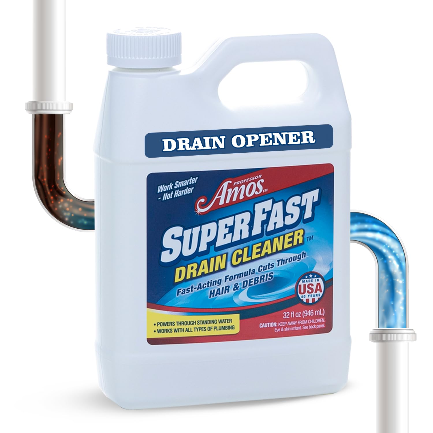 Professor Amos Superfast Drain Cleaner - Powerful Clog Remover for Sinks, Showers & Tubs - Fast Acting Drain Opener Formula (Pack of 2) - Perfect for Kitchen, Bathroom & Household Plumbing Emergencies