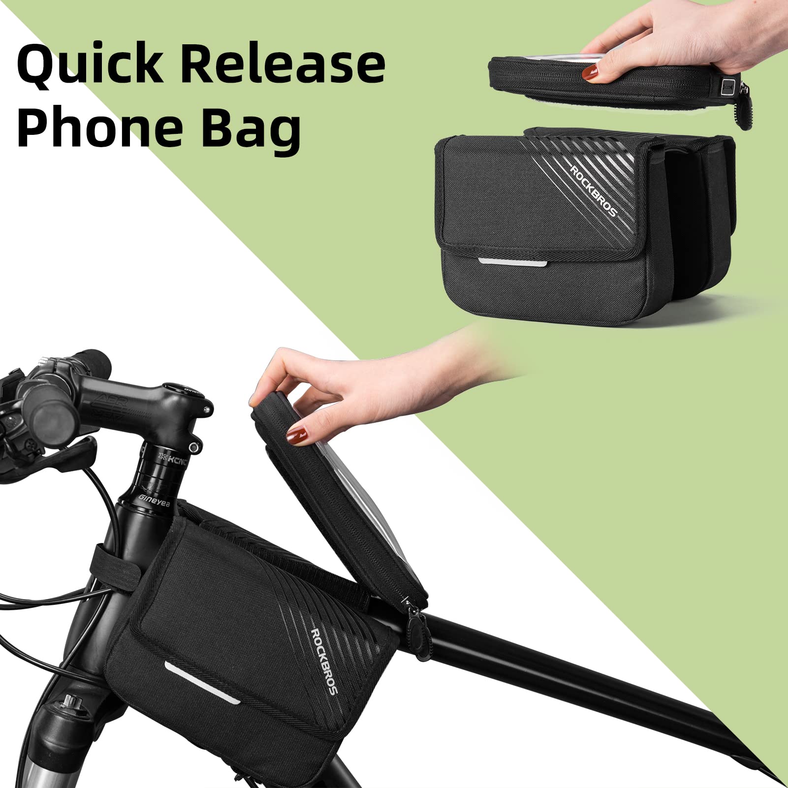 ROCKBROS Waterproof Bike Frame Bag - Large Capacity Top Tube Bicycle Storage Bag with Touchscreen Phone Holder for iPhone X/11/12/13/14 (Under 6.4