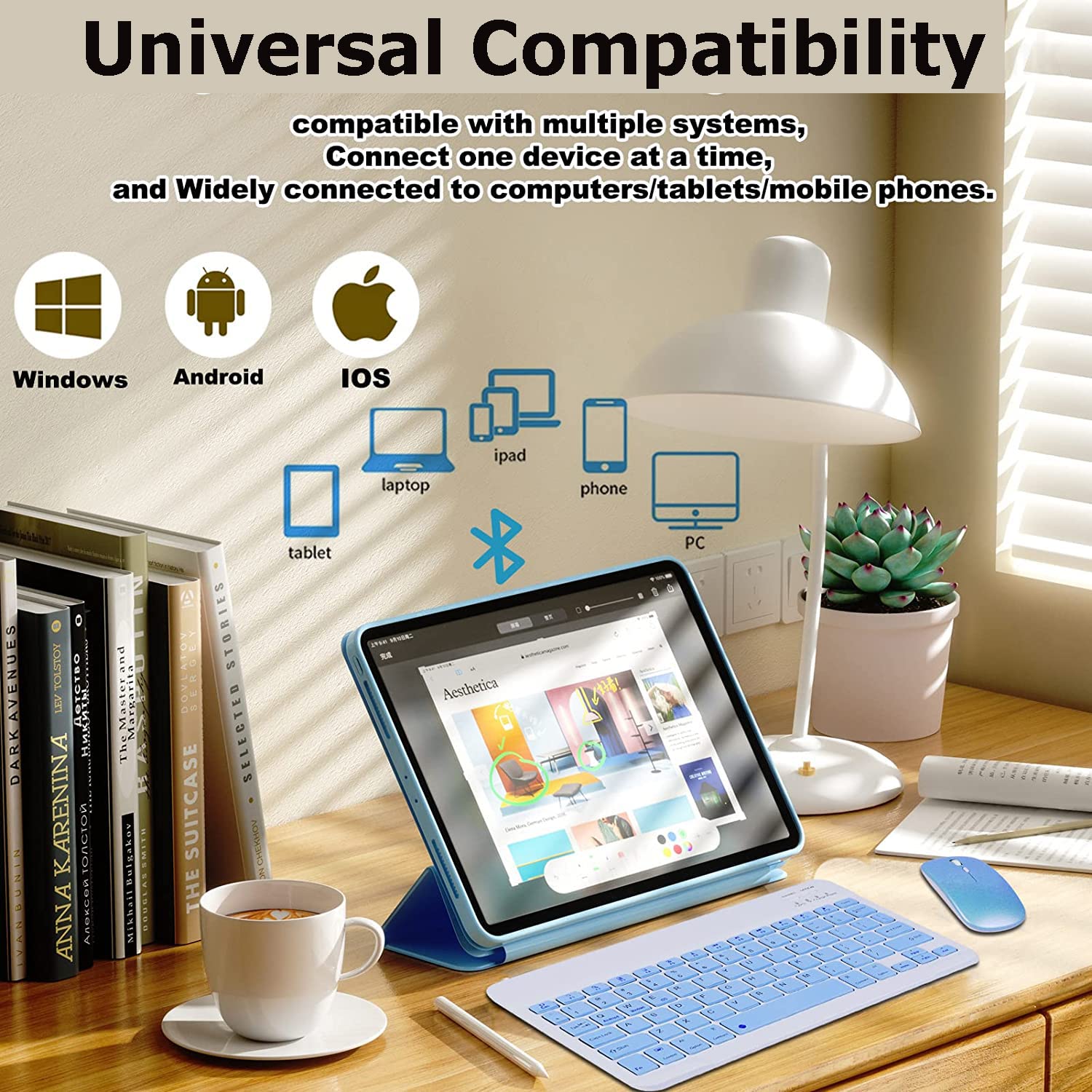 Bluetooth Wireless Keyboard and Mouse Combo - Ultra-Slim Ergonomic Rechargeable Set for iPad, iPhone, Samsung Tablet, Android, PC, Mac (Blue) | Perfect for Office Work, Home Use & Travel