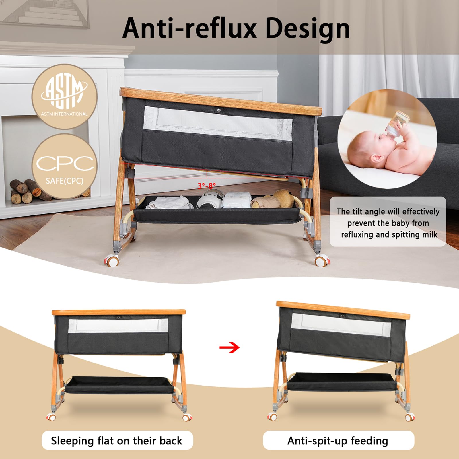 Komcot 6-Height Adjustable Baby Bassinet Bedside Sleeper with Wheels & Mosquito Net - Portable 3-in-1 Crib for Newborns, Infants & Toddlers (Dark Grey) - Perfect for Nursery, Bedroom & Travel Use