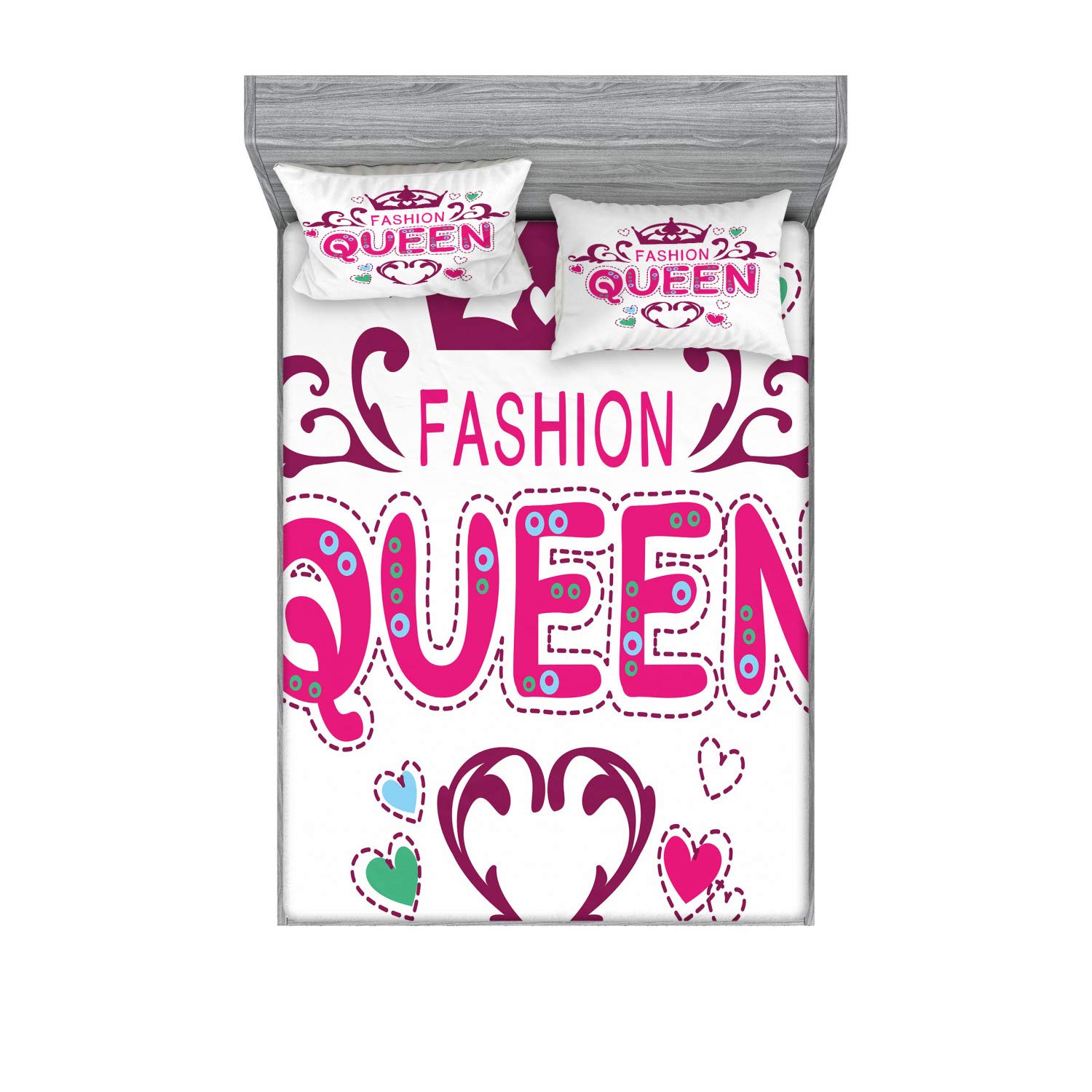 Ambesonne Queen Fitted Sheet & Pillow Sham Set - Girlish Print Fashion with Floral Heart Design, 3-Piece Decorative Bedding Set in Dried Rose Pink | Perfect for Teen Girls' Bedrooms, Dorm Decor, and Chic Home Makeovers