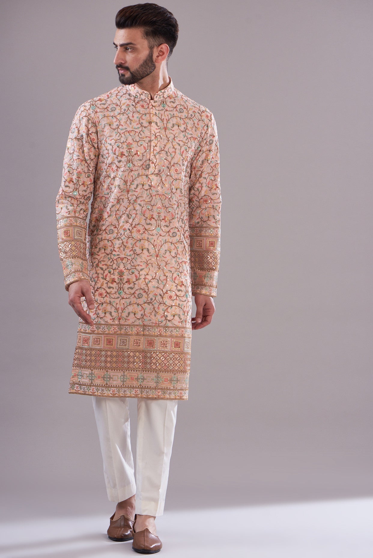 Stylish Peach Embroidered Kurta with Intricate Border - Perfect for Festivals, Weddings & Casual Wear