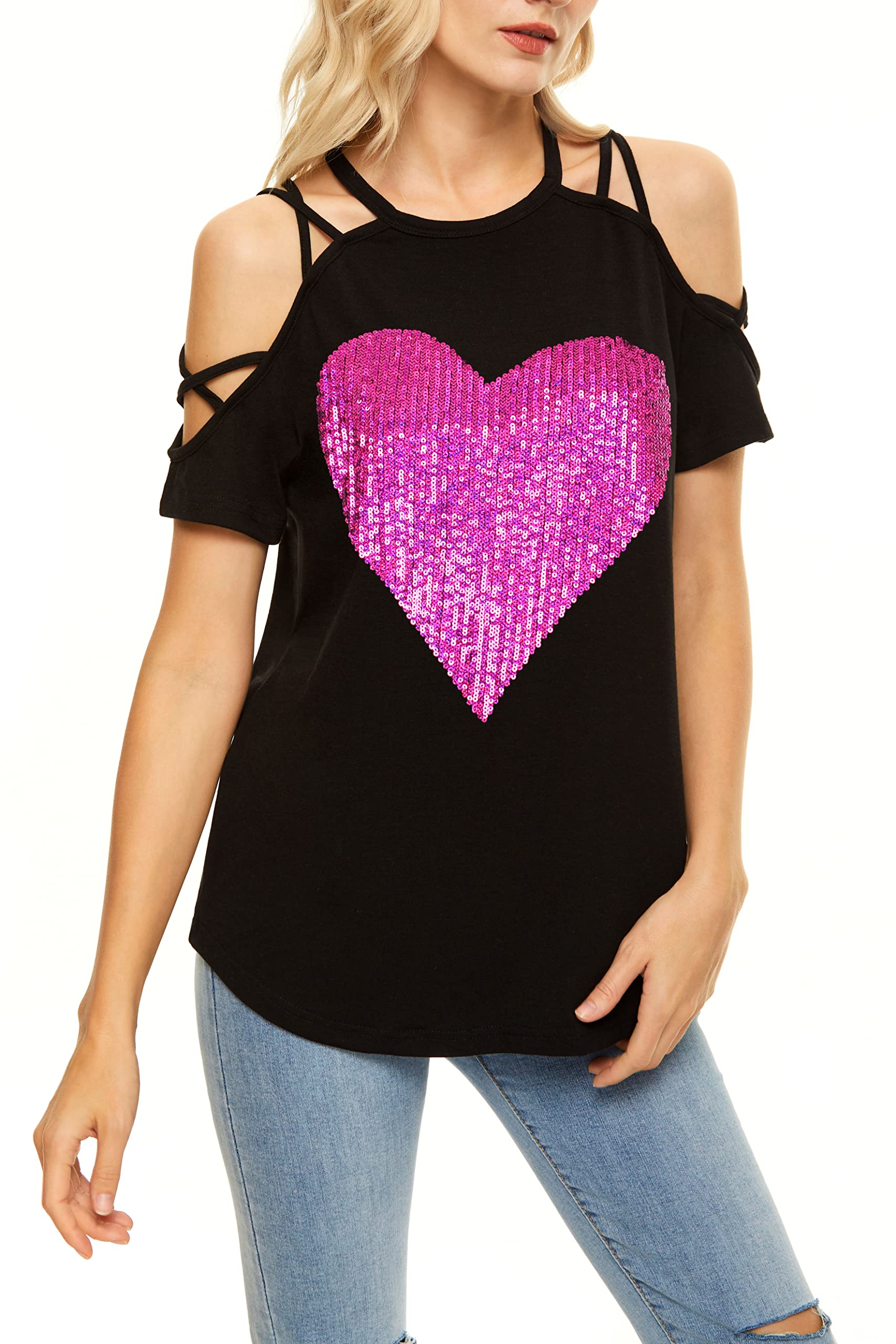 PESION Women's Off The Shoulder Tops - Sexy Shiny Blouses with Long & Short Sleeves - Fashion Graphic T-Shirts for Casual Wear, Date Night & Party Outfits