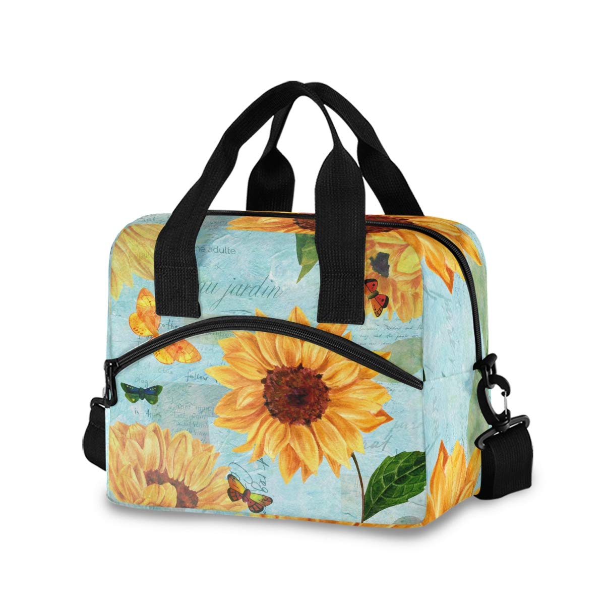 Sunflower Butterfly Insulated Lunch Bag for Women & Girls - Light Blue Lunch Box with Detachable Shoulder Strap - Perfect for School, Office & Picnics | OREZI