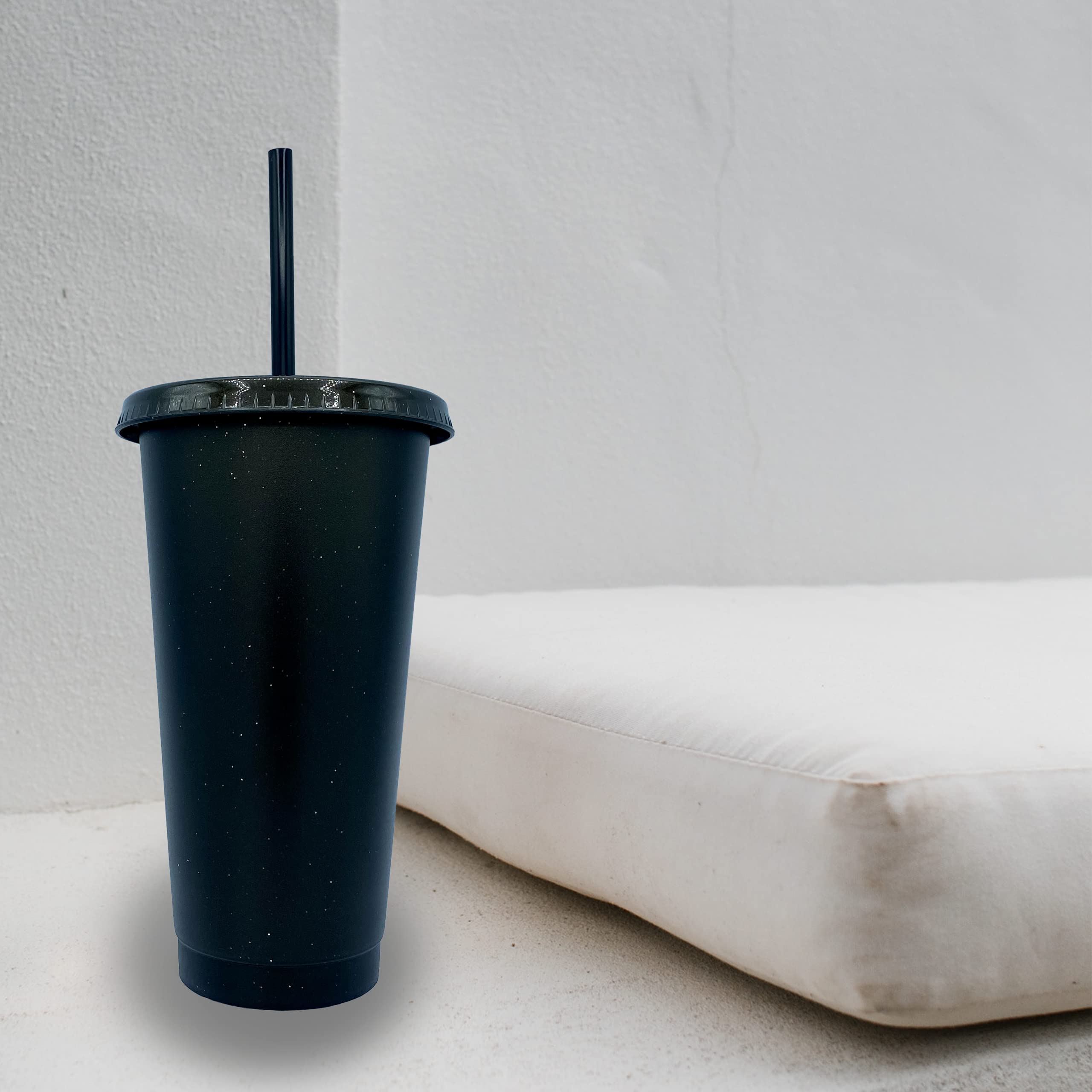 24 oz Reusable Plastic Tumbler with Straw & Lid - 4 Pack Glitter Matte Black Cold Cups for Iced Coffee, Smoothies & Drinks | BPA-Free, Dishwasher Safe, Perfect for Home, Office & Travel
