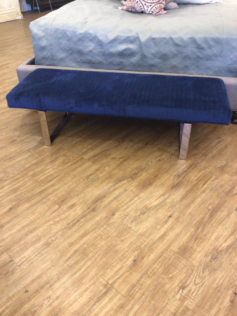 Blue Fabric Upholstered Bench with Chrome Metal Legs - Stylish Seating for Living Room, Bedroom, or Entryway