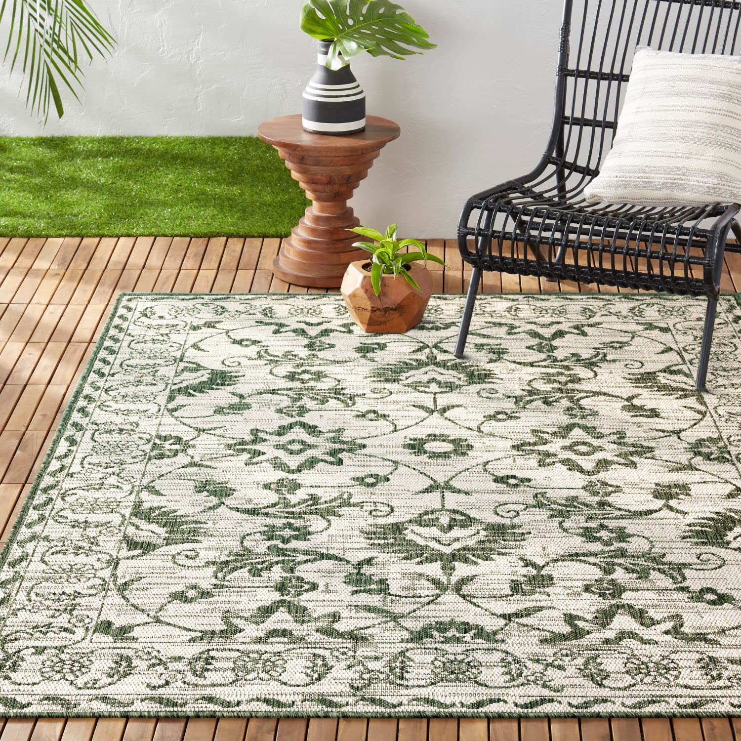 Nicole Miller New York Patio Country Ayala Botanical Floral Indoor/Outdoor Area Rug - Light Green & Ivory - 7'9