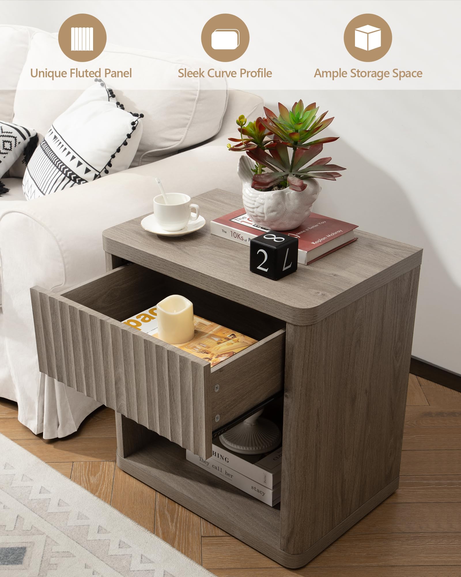 Modern Fluted Nightstand Set of 2 - 22.7