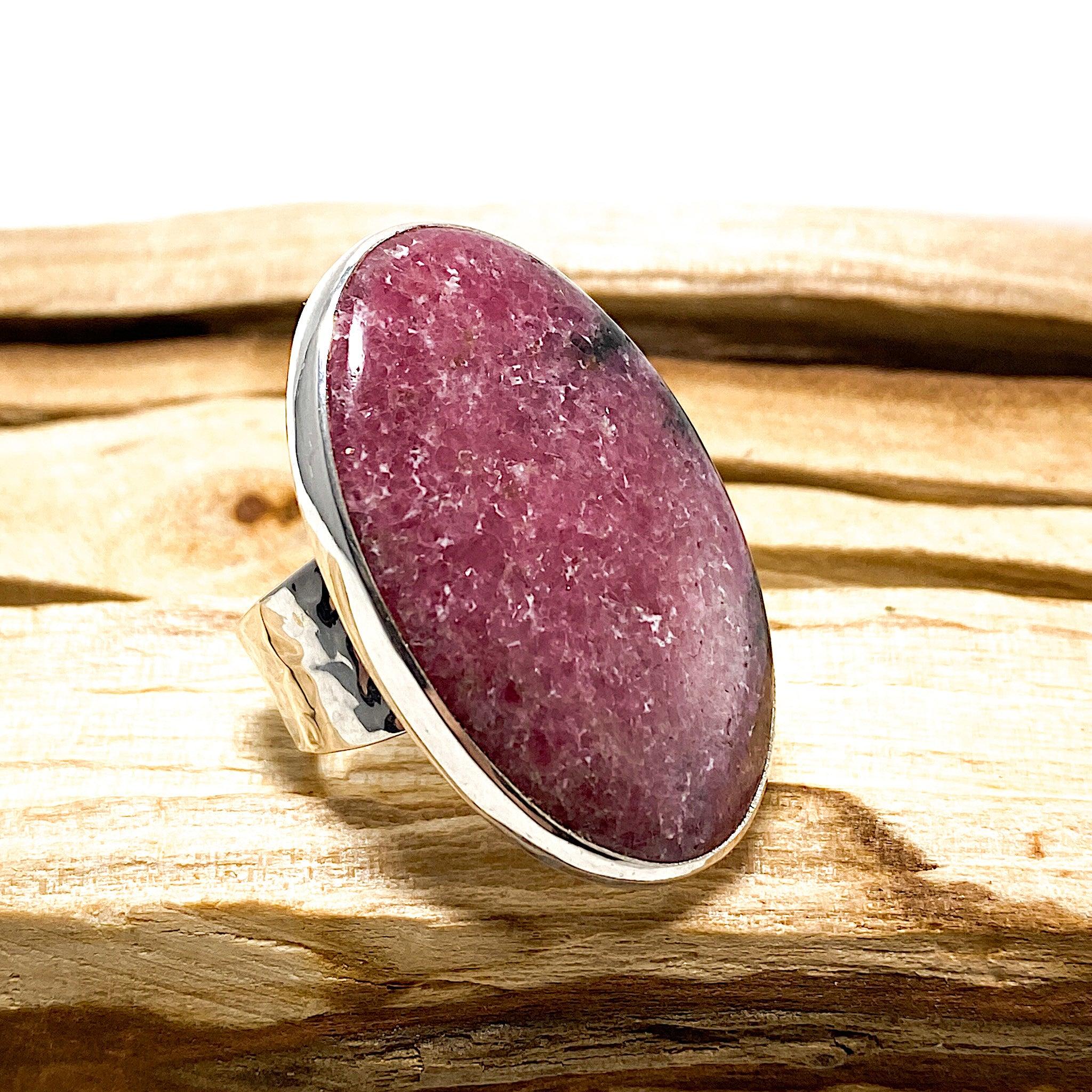 Natural Rhodonite Large Oval Ring with Handmade Beaten Band - Size 7.5 - KRGJ696 - Perfect for Spiritual Healing, Meditation & Boho Fashion Jewelry