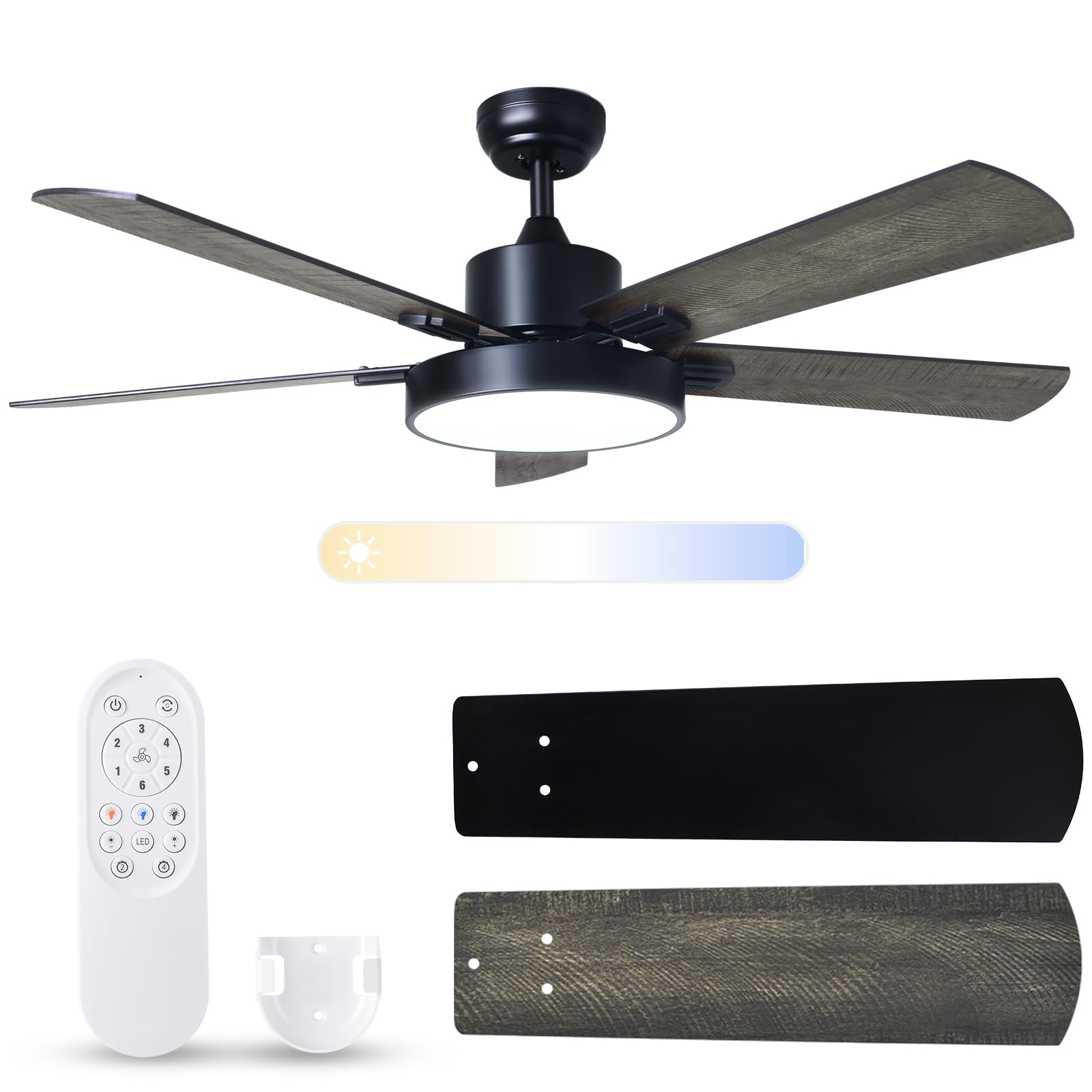 52 Inch Modern Ceiling Fan with Lights & Remote Control - Double-sided Blades, 24db DC Reversible Motor, Dimmable for Bedroom & Living Room (Honey Pine & Black) - Perfect for Home Cooling & Stylish Decor