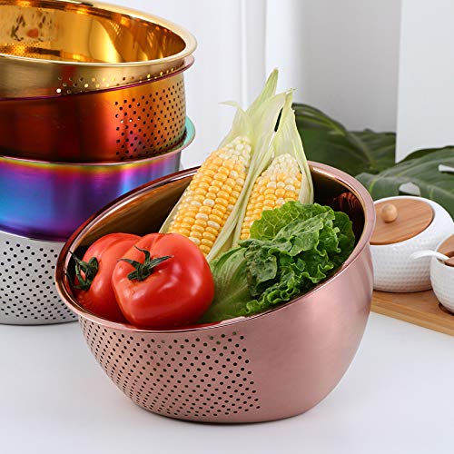 Premium Stainless Steel 3-in-1 Rice Washing Bowl with Side Drainers - Versatile Kitchen Colander & Strainer for Rice, Vegetables, Fruits (Rose Gold) | Ideal for Asian Cooking, Meal Prep & Healthy Eating