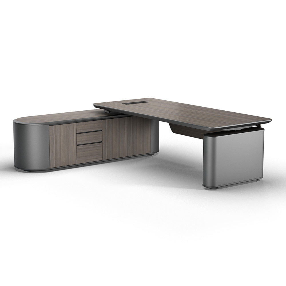 LUCA Electric Height Adjustable Sit Stand Desk 240cm - Hazelnut & Grey Finish, Ergonomic Executive Office Desk with Reversible Return for Home & Workspace