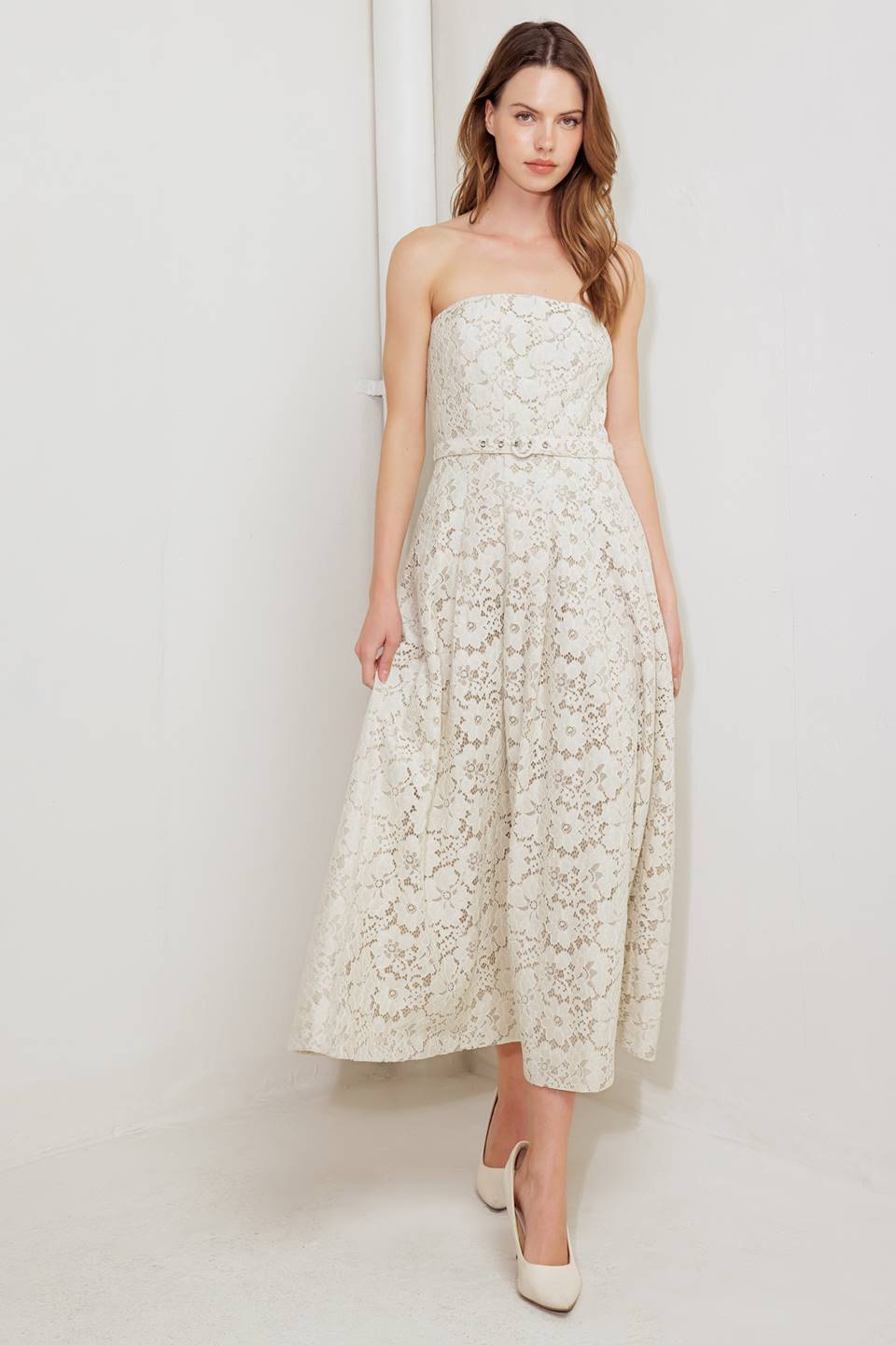 Emory Ivory Lace Midi Dress for Women - Elegant Floral Lace Party Dress for Wedding, Cocktail, Evening & Special Occasions