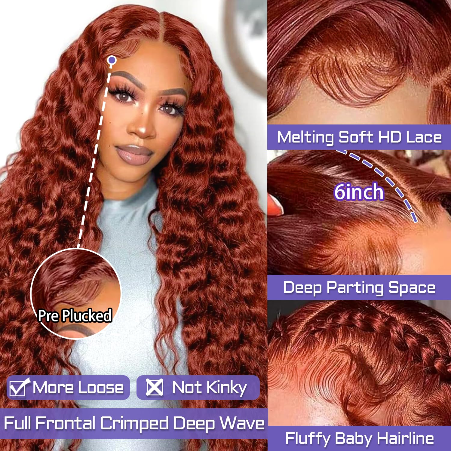 Sathen 13x6 Reddish Brown Lace Front Wigs Human Hair - 200% Density Deep Wave Human Hair Wig for Women, 24 Inch, Pre-Plucked with HD Lace - Perfect for Daily Wear, Cosplay, and Special Occasions