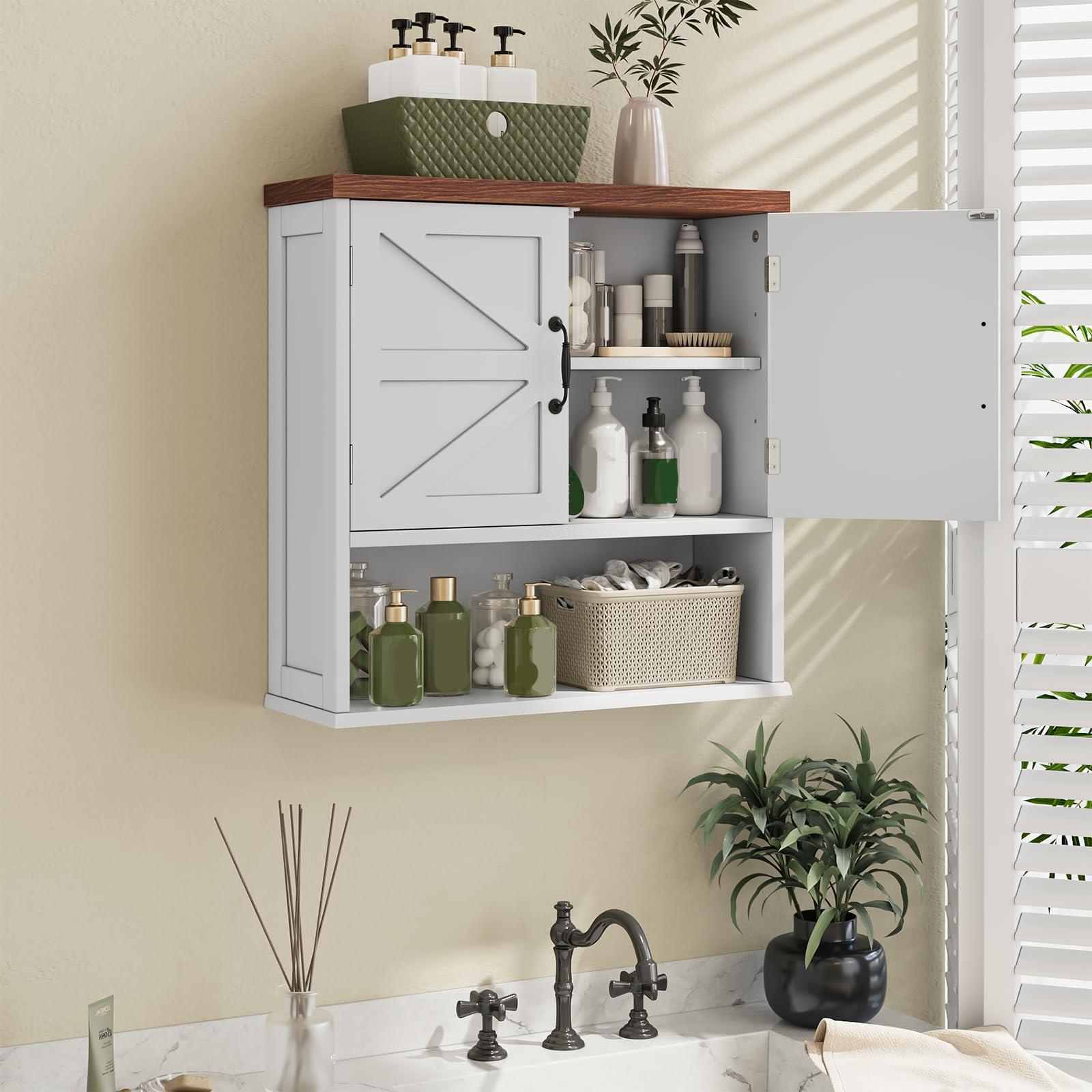 Farmhouse Wall Mounted Bathroom Medicine Cabinet with Adjustable Shelf - Rustic Storage for Bathroom, Living Room & Laundry Room - Perfect for Organizing Toiletries, Cosmetics & Cleaning Supplies