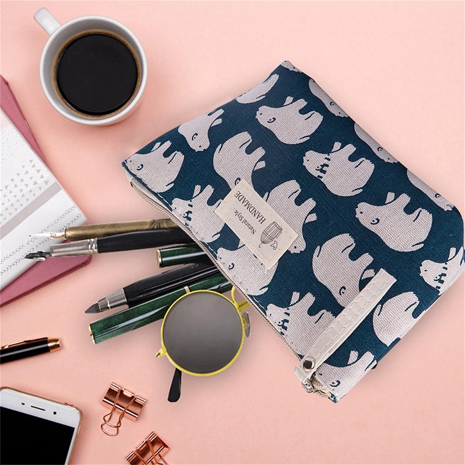 House of Quirk Printed Canvas Cosmetic Bag - Waterproof Makeup Organizer Pouch with Zipper for Women & Girls | Multi-Functional Travel Toiletry Case for Vacation, Gym, Beach (Blue/White Polar Bear Design)