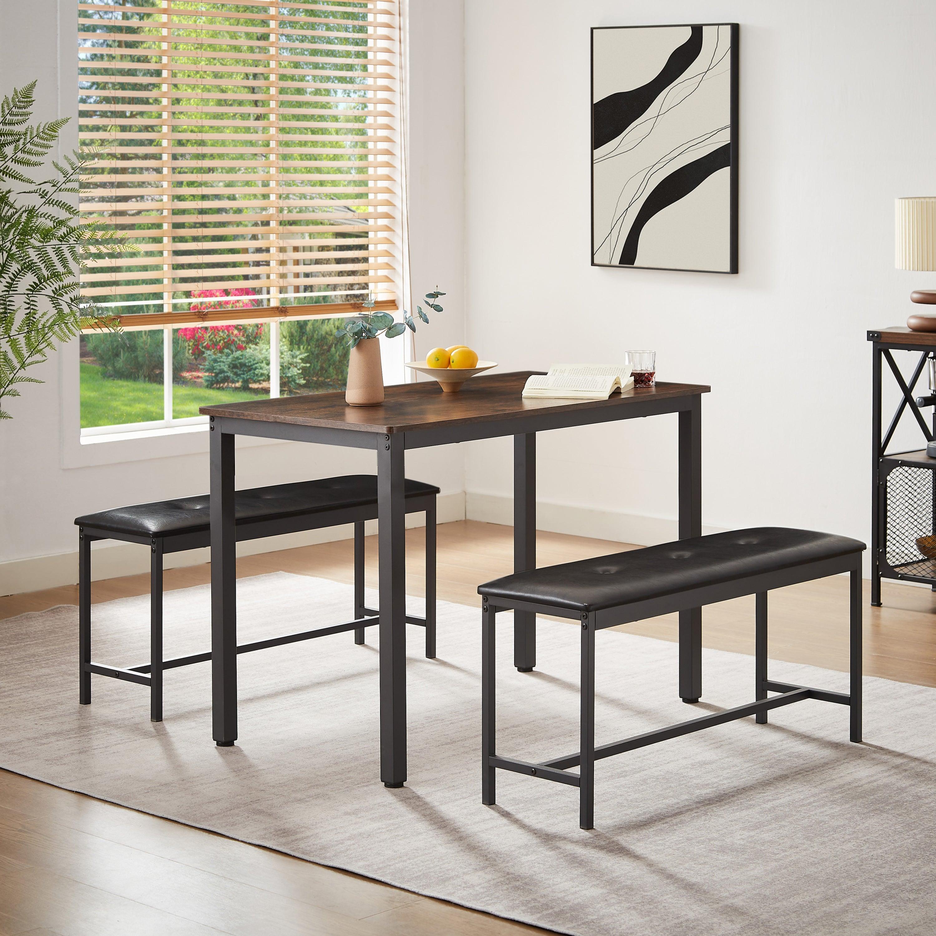Industrial Style Dining Table Set with 2 PU Upholstered Benches - Rustic Brown Kitchen & Living Room Furniture (43.3