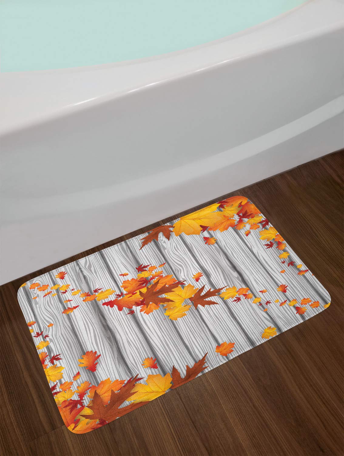 Ambesonne Autumn Bath Mat - Non-Slip Plush Fall Maple Leaf Tree Design with Rustic Wooden Planks, Soft Bathroom Decor Rug 30