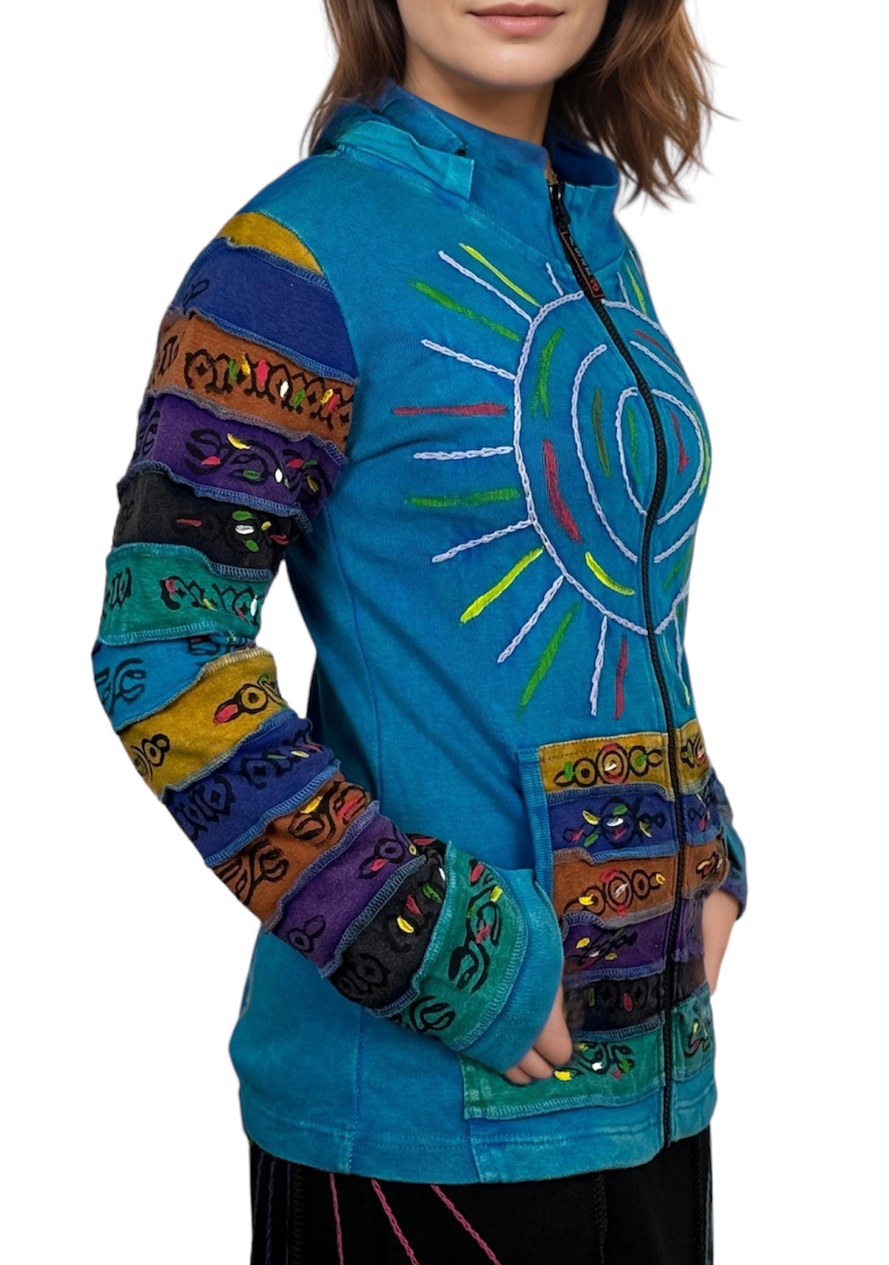 Agan Traders 2025 Spring Women's Zip Up Hoodie Jacket - Lightweight Gypsy Brush Painted Sweatshirt with Detachable Pixie Hood | Perfect for Casual Wear, Music Festivals & Boho Style Outfits