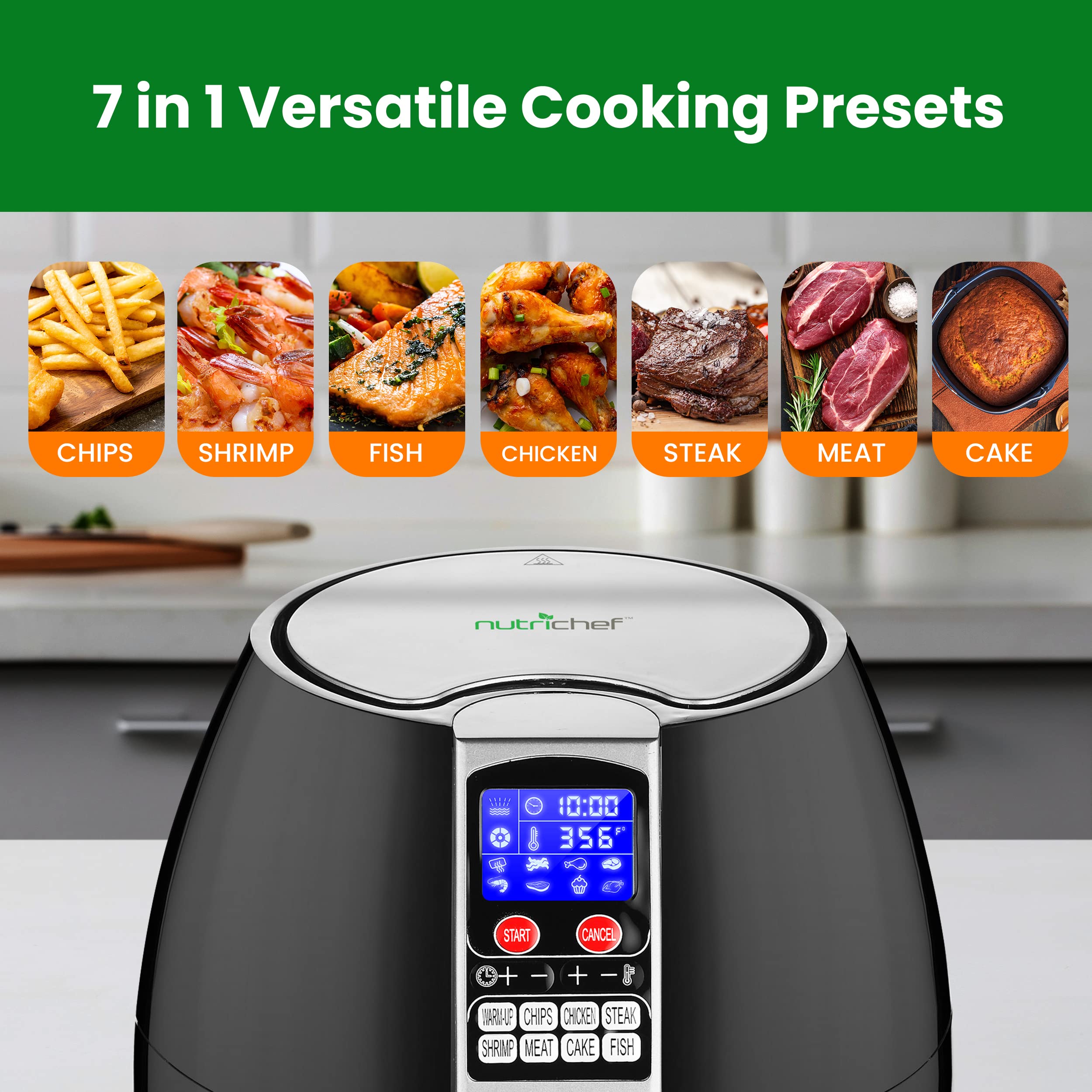 NutriChef 3.7 Qt Digital Air Fryer Oven - Stainless Steel Oil-Free Convection Cooker with Basket Pan for Healthy Frying, Baking & Grilling | Perfect for Family Meals, Quick Snacks & Low-Fat Cooking (Black)