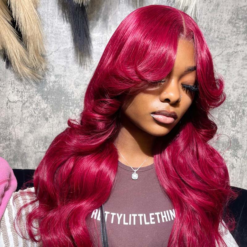 Eullair Burgundy Red Body Wave Human Hair Wig with Layered Cut & Curtain Bangs | Glueless Lace Frontal Wig for Women | Perfect for Cosplay, Daily Wear & Special Occasions
