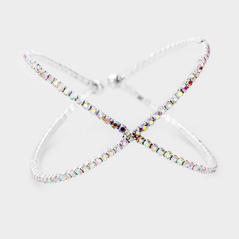 Sparkling Criss Cross AB Rhinestone Cuff Bracelet in Sterling Silver for Women | Elegant Party & Evening Wear Jewelry | Perfect for Weddings, Prom & Special Occasions