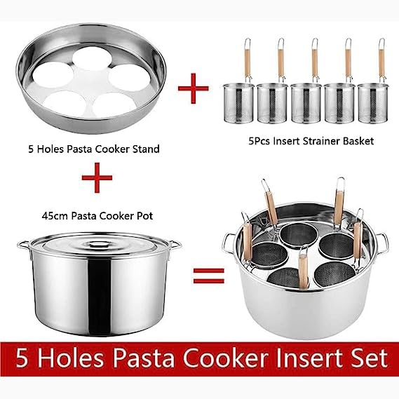 RSBFER Commercial Stainless Steel Pasta Cooker Set with Divider & Colander Strainer - 5-Hole Pasta Pot Insert for Cooking Pasta, Noodles, Vegetables | Perfect for Restaurants, Catering & Home Kitchen Use