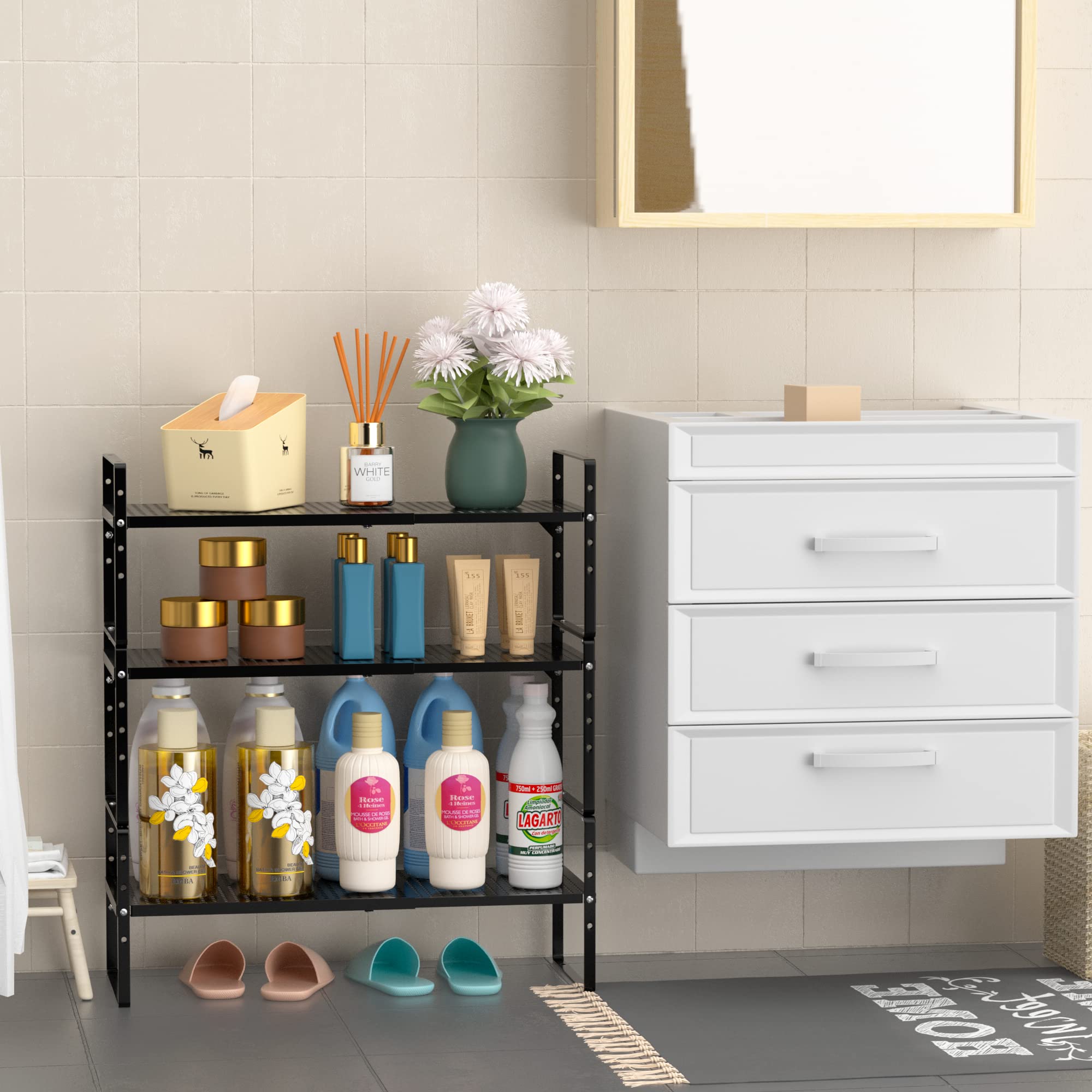 Expandable Kitchen Cabinet Shelf Organizer - Stackable Metal Pantry Storage Shelves - Adjustable Counter Shelf Organizer Rack for Kitchen Cabinets, Cupboard, Countertop & Closet (Black) - Perfect for Small Space Organization & Kitchen Storage Solutions