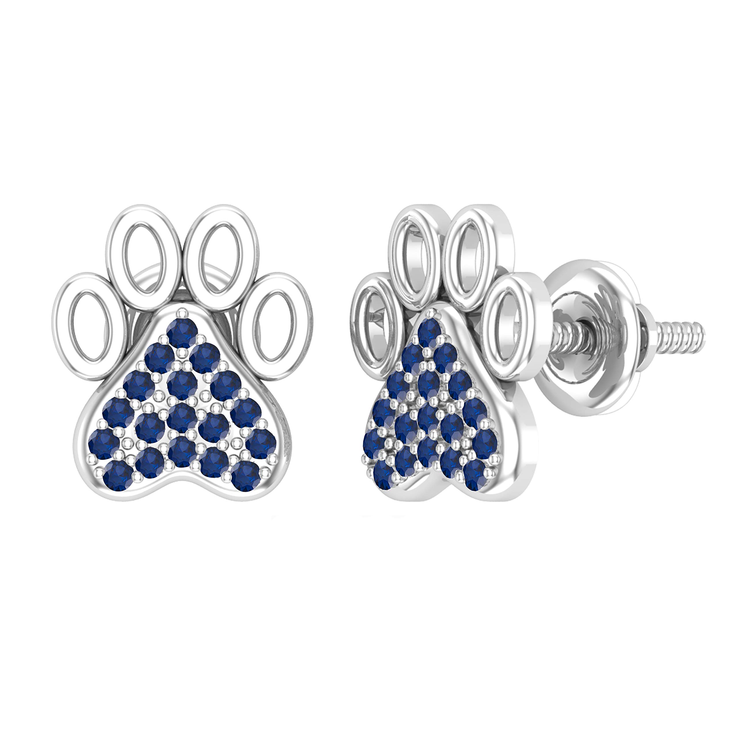 10K Solid Gold Round Blue Sapphire Paw Print Stud Earrings for Women - Dazzlingrock Collection | Perfect Gift for Pet Lovers, Birthday & Anniversary Jewelry