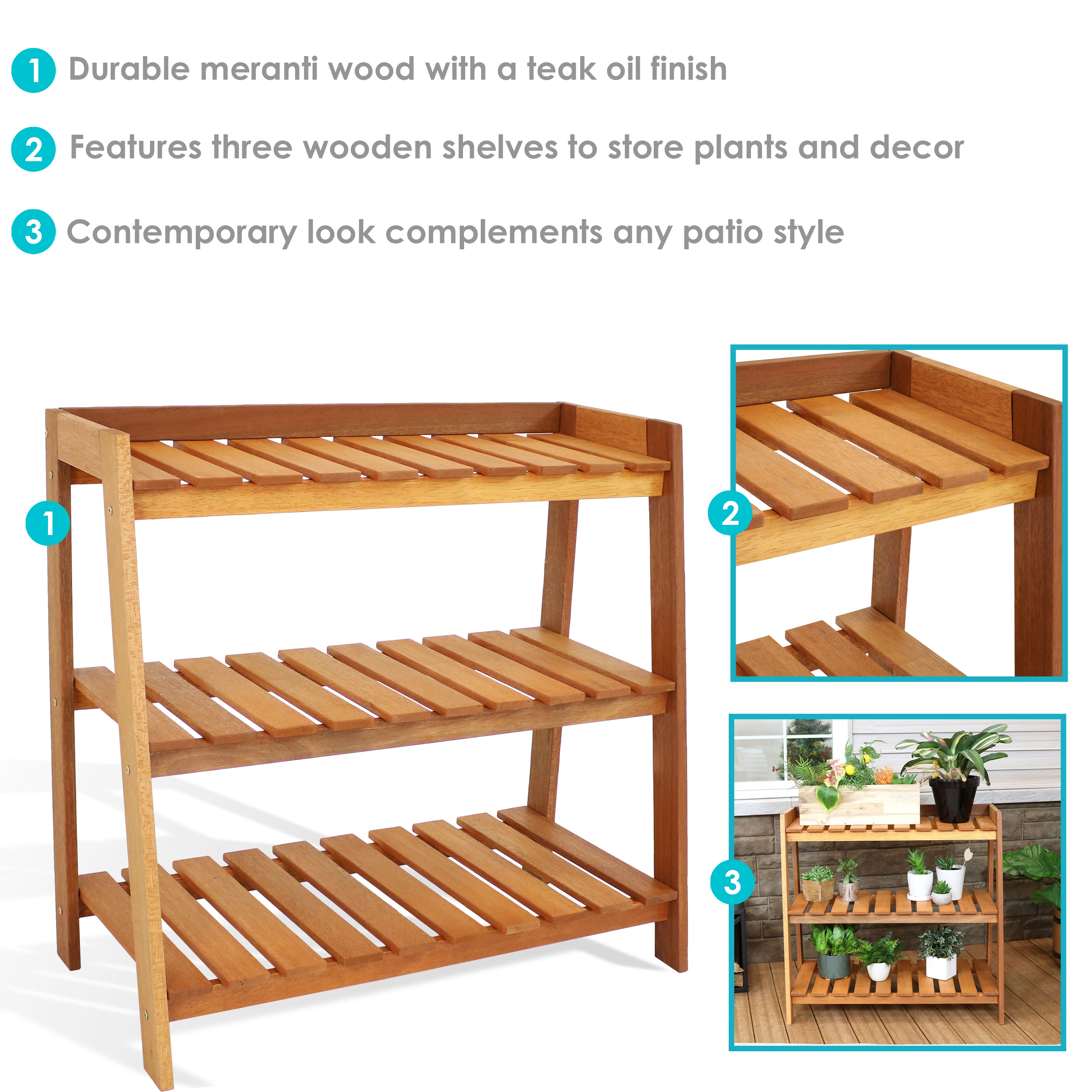 Premium Meranti Wood Garden Shelf with Teak Oil Finish - Outdoor Patio, Balcony & Deck Storage Organizer for Plants, Books & Decor