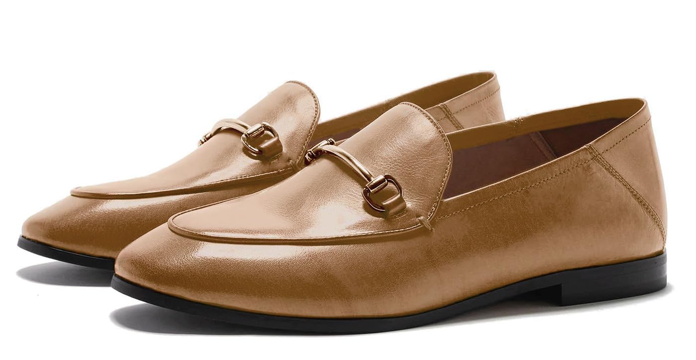 U-lite Women's Cow Leather Slip On Loafers with Metal Decoration - Comfortable Flat Mules for Casual Wear, Office & Travel