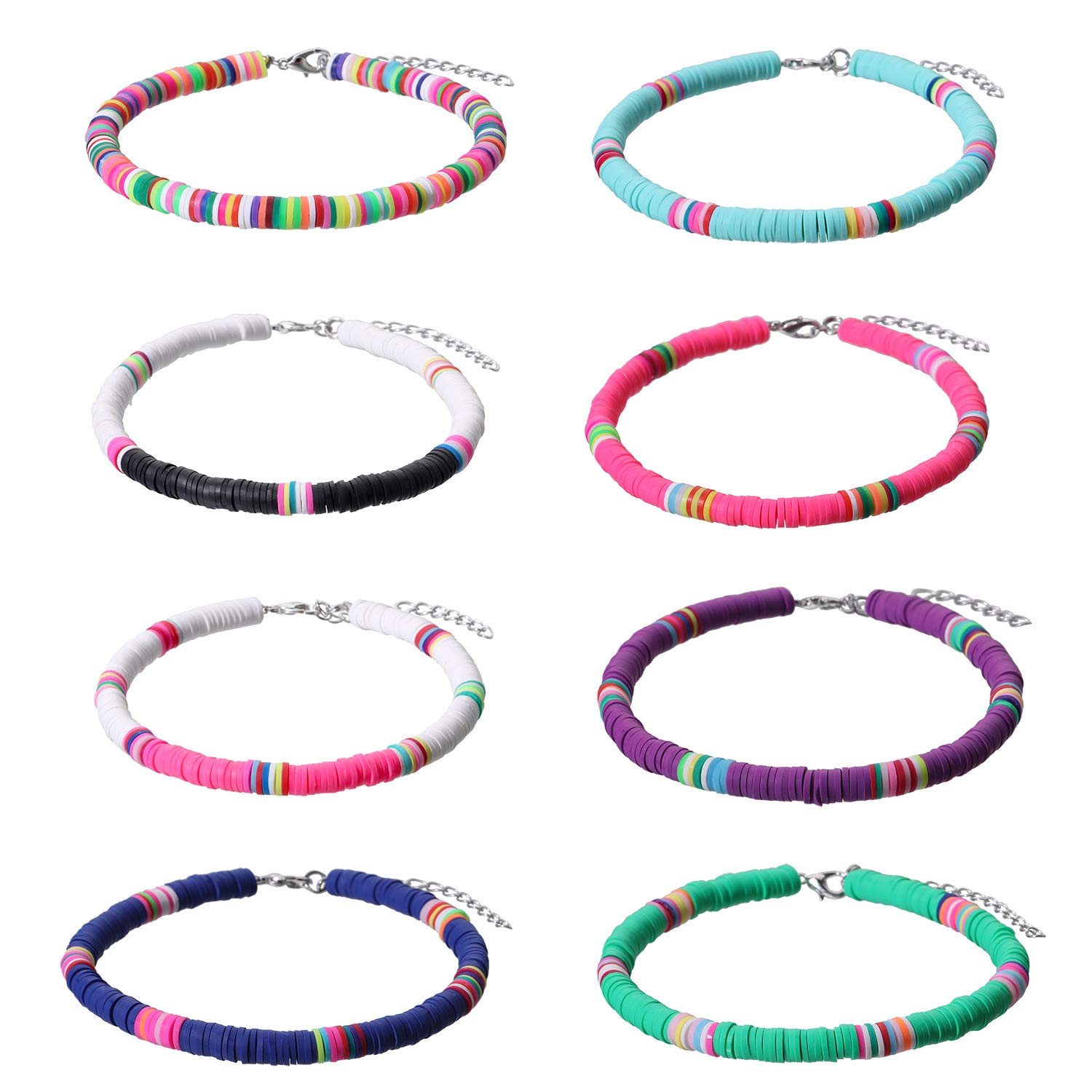 7-8 Pcs Boho Beaded Anklets - Colorful Multilayer Heishi Surfer Bracelets, Handmade Bohemian Stackable Stretch Beaded Anklet Set for Women - Rainbow Foot Jewelry for Summer, Beach, Festival & Boho Fashion Accessories