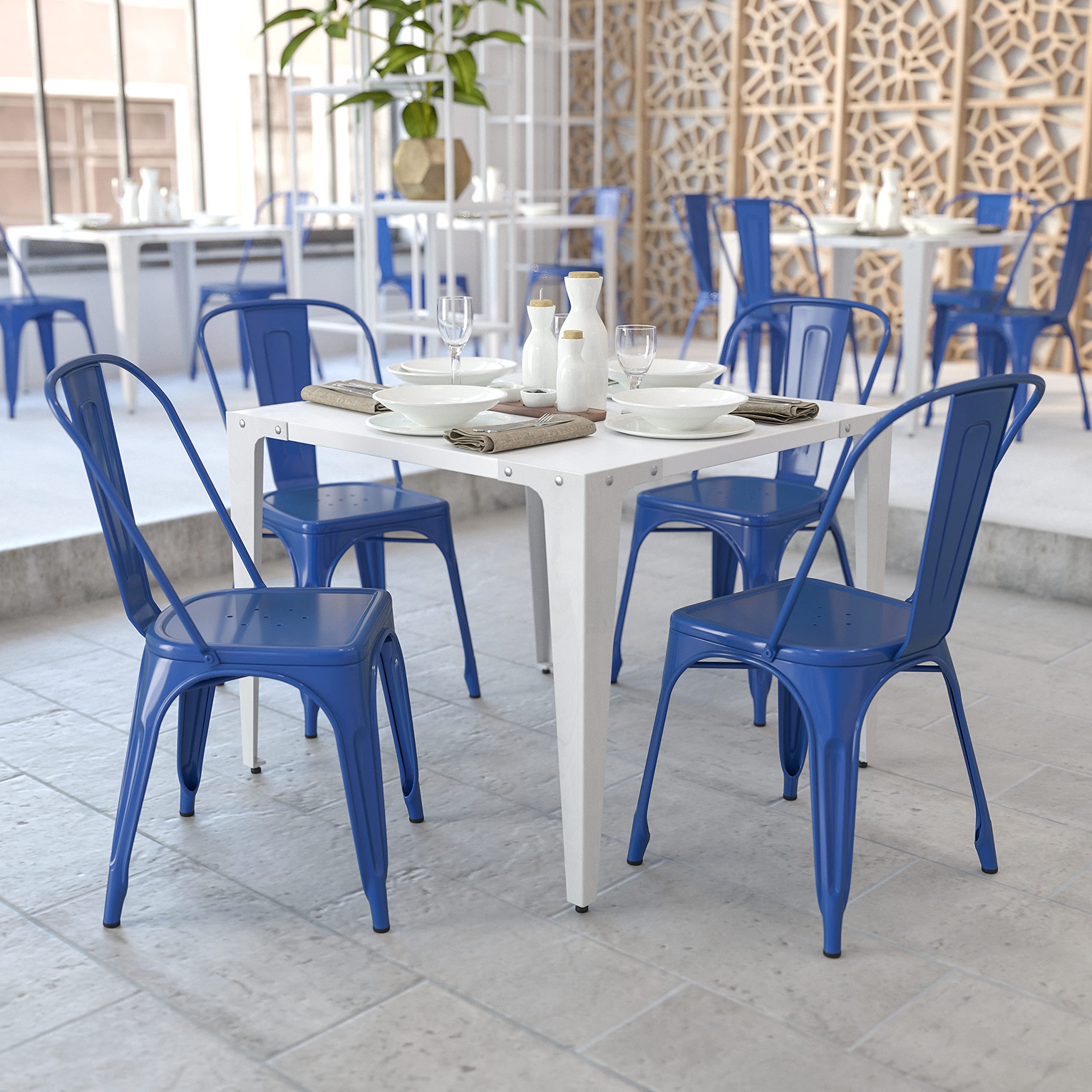 4 Pack Blue Metal Stackable Chairs for Indoor & Outdoor Use - Durable Bistro & Restaurant Chairs for Patio, Cafe, Garden, and Home Dining
