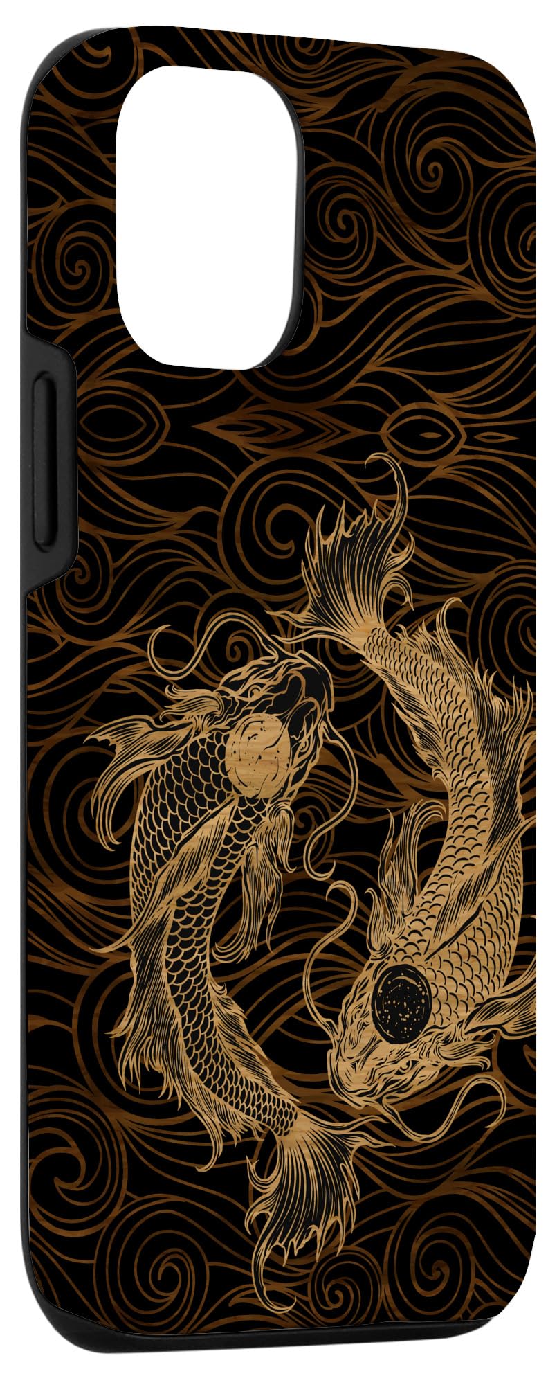 Vintage Wood Engraved iPhone 12/12 Pro Case with Yin Yang Koi Fish & Japanese Waves Design - Stylish Protective Cover for Daily Use, Travel & Gifts