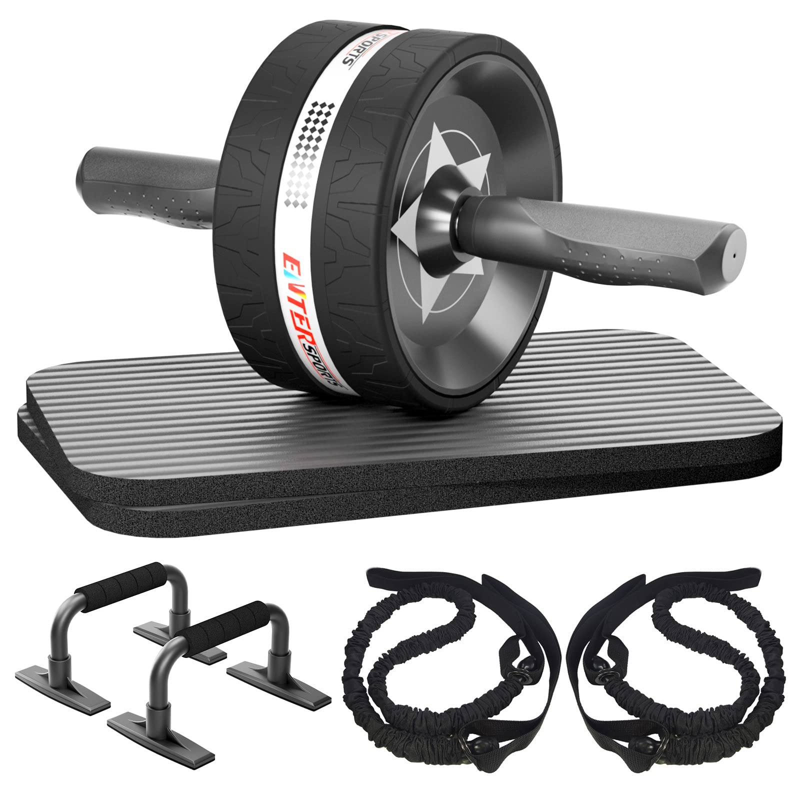 EnterSports Ab Roller Wheel Kit - Core Strength Training Equipment with Push Up Bars, Resistance Bands & Knee Pad - Home Gym Fitness Gear for Abs, Back & Full Body Workout - Perfect for Home Exercise, Office Workout & Cross Training